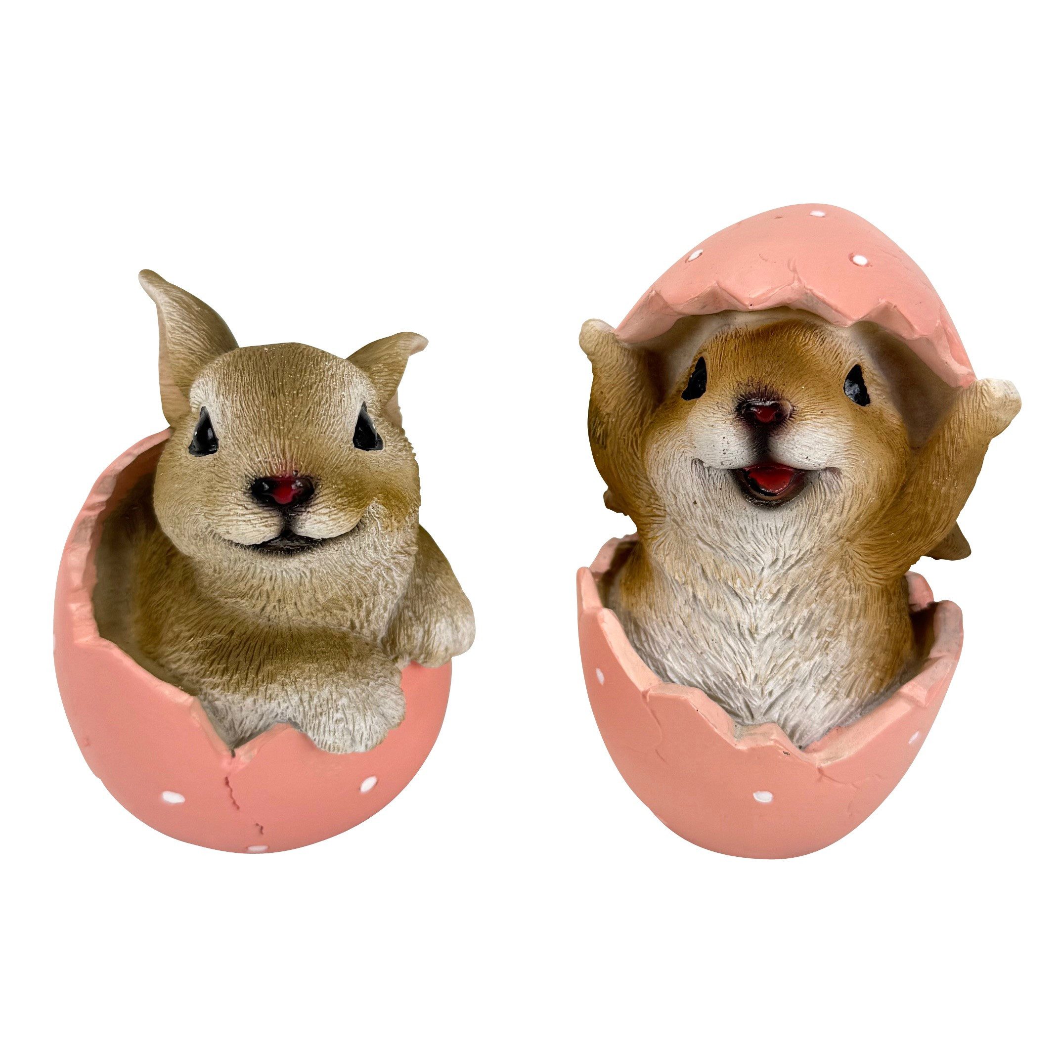 Online-Fuchs Dekofigur Gartenfiguren - 2 süße Hasen im Osterei - Dekoration Ostern (9,5 und 11 cm groß, Osterdeko), Wetterfest! Auch für den Außenbereich geeignet