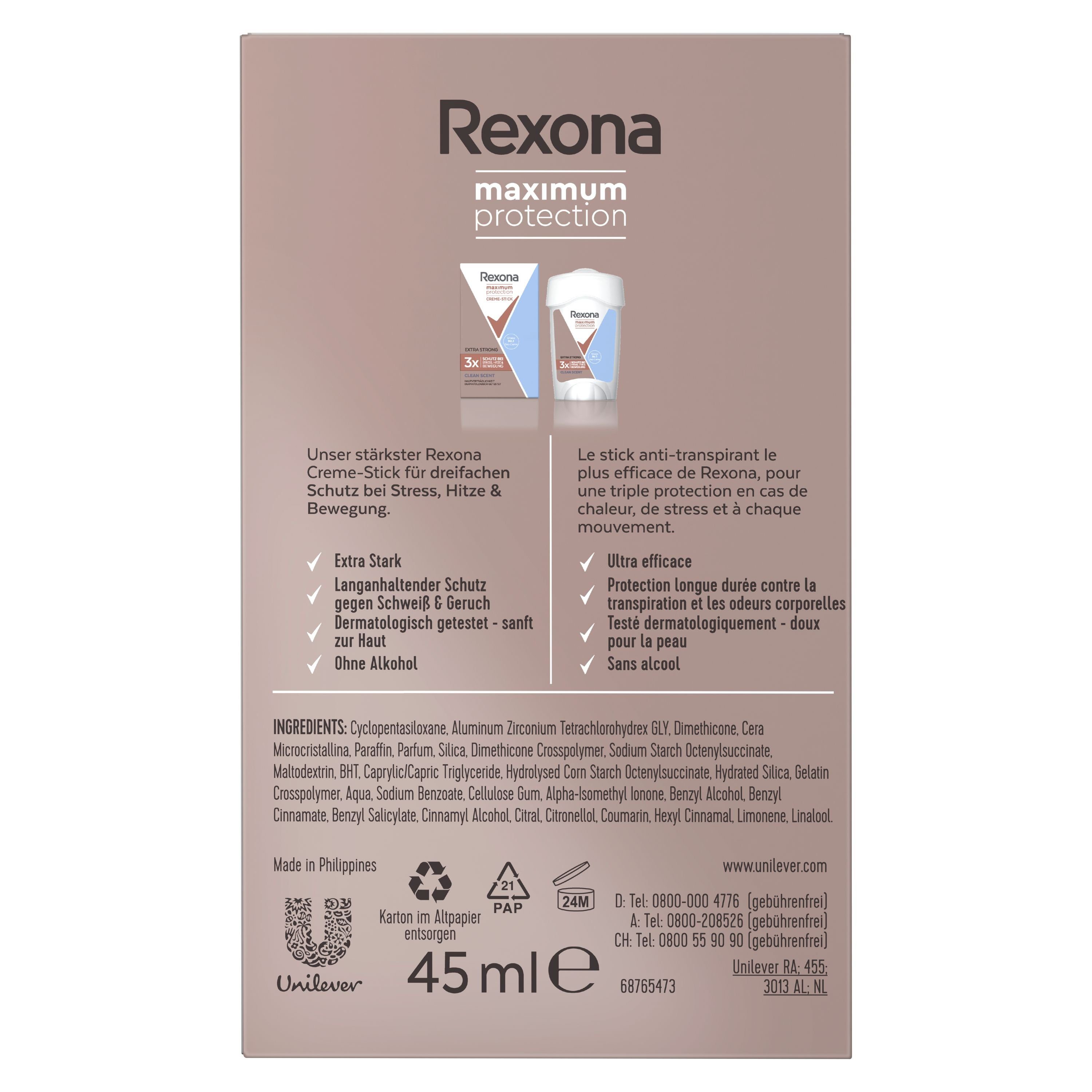 Deo-Set Maximum 7x Clean Rexona Anti-Transpirant Creme 45ml Protection Deo Scent