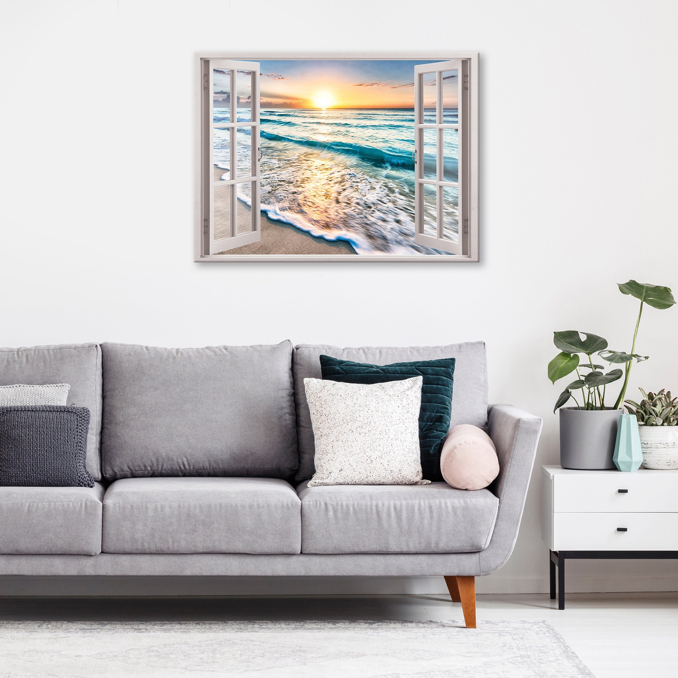 Wallarena Leinwandbild Fenster Strand Meer Natur Landschaft Modern XXL Lein günstig online kaufen