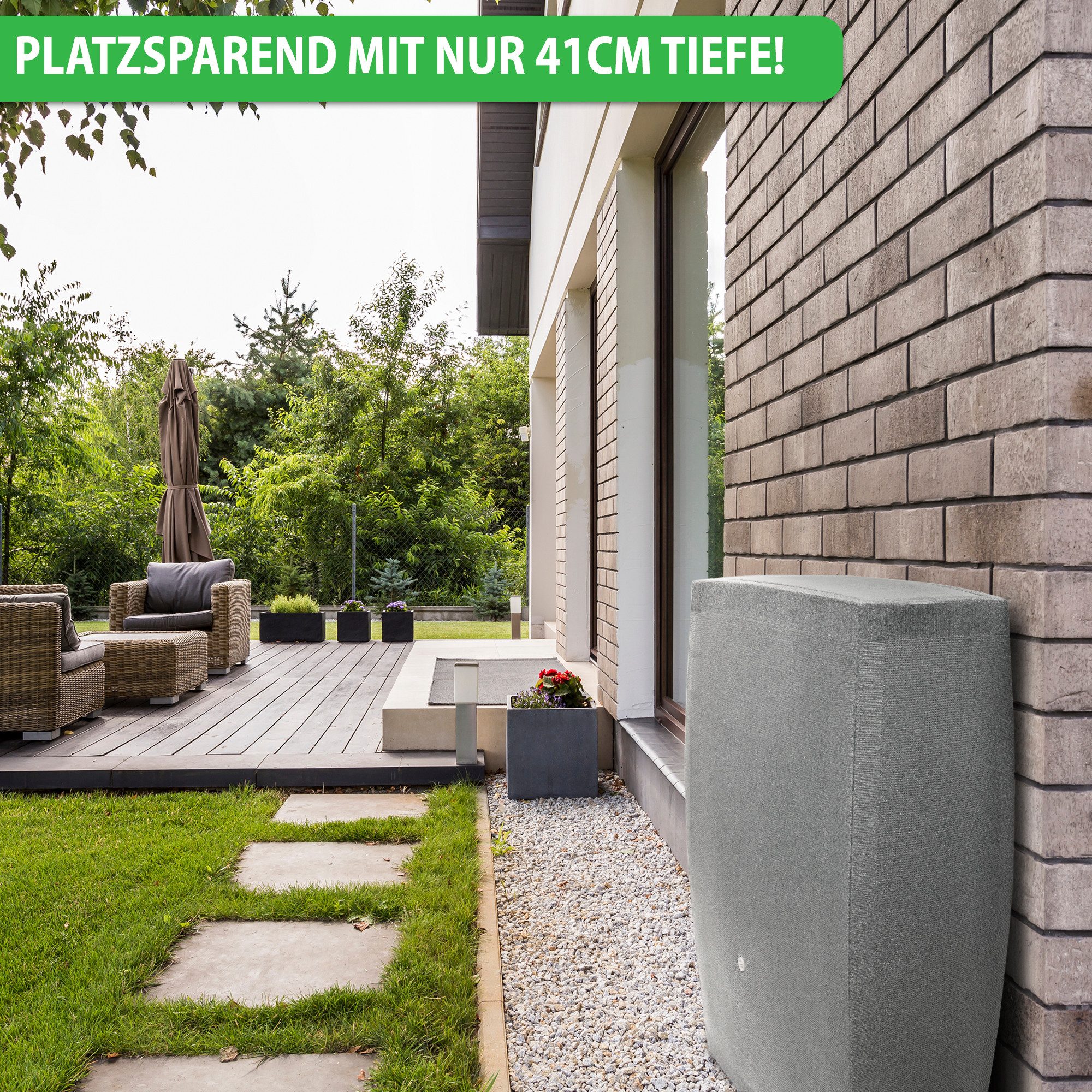 YourCasa Regentonne Regentonne [SquareLux Rain] Eckig & Schmal - Metallgewinde & Deckel, 275 l, Metallgewinde, Kindersicherer Deckel, 275L, Bepflanzbar, 79x41x105cm