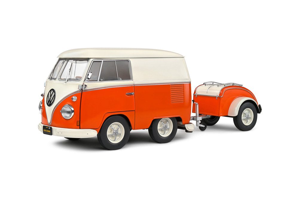 Modellauto VW T1 Bus Kool Kombi orange weiß mit Anhänger