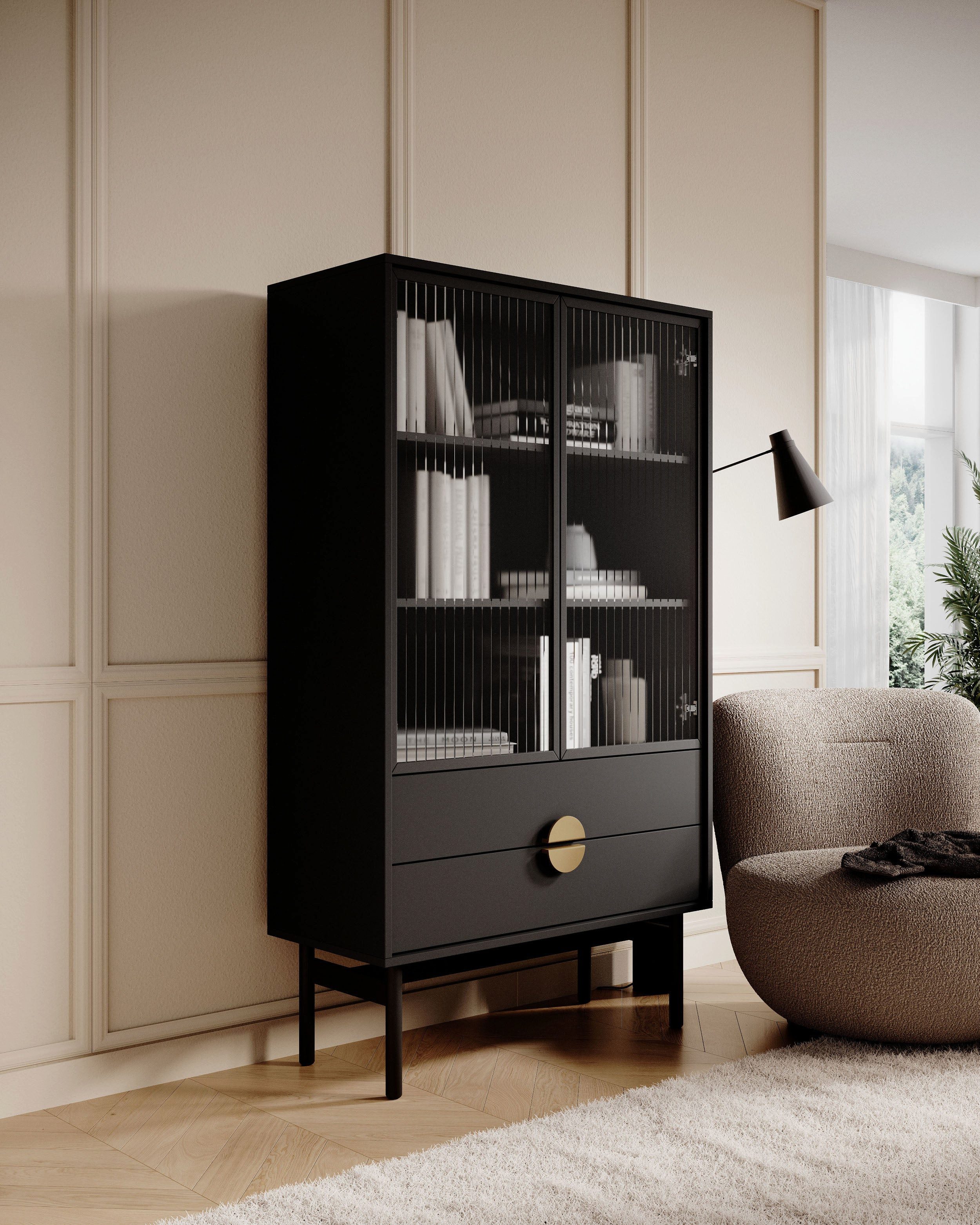 Selsey Standvitrine STOON II Elegante niedrige Vitrine in Schwarz: 3 Fächer, 2 Schubladen.