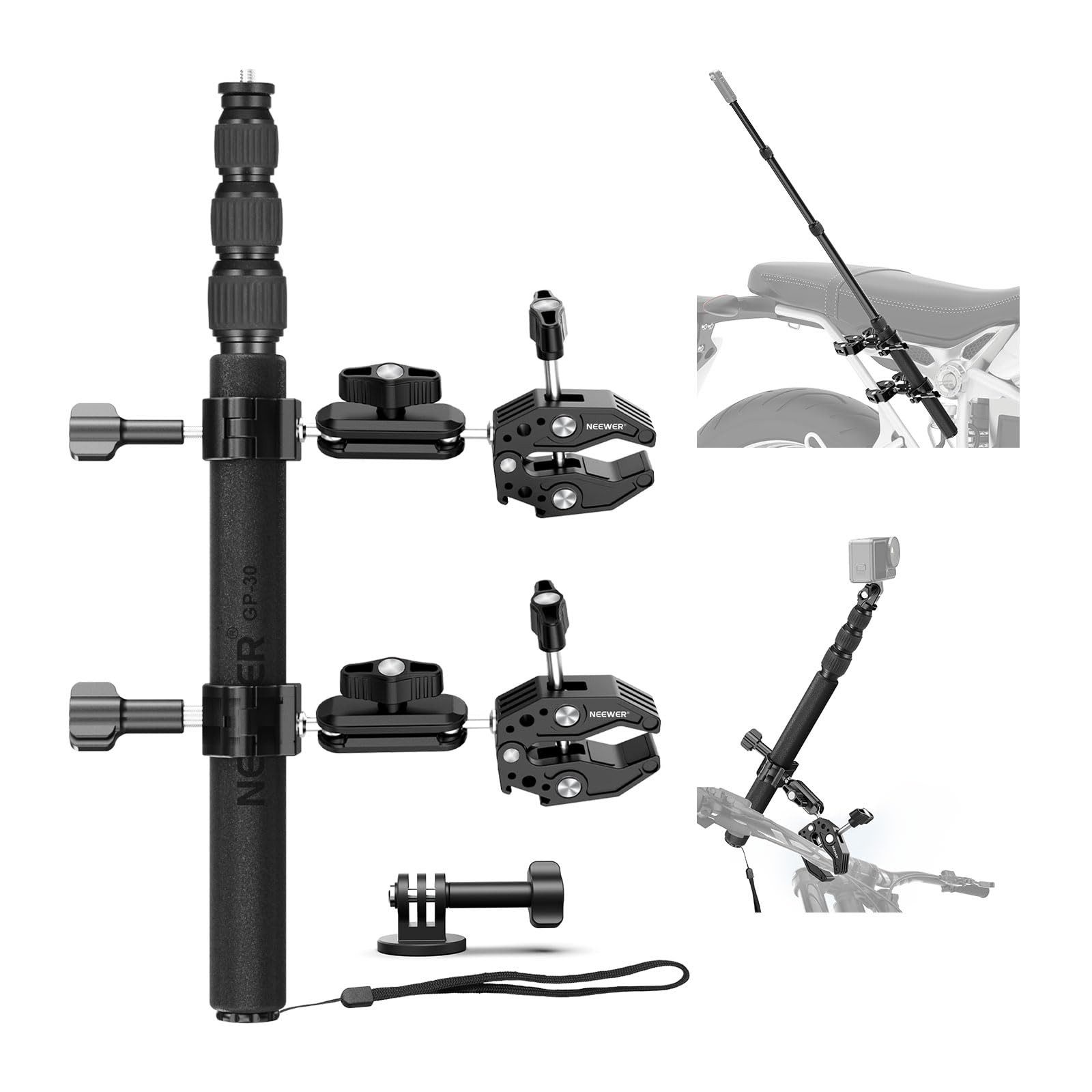Neewer Action Cam-Halterung GP-30 Motorrad Halterung Zubehör Set für GoPro Insta360 DJI, (Packung, 1-tlg., Doppel Klemmenhalterung, unsichtbarer Selfie Stick, für POV Video)