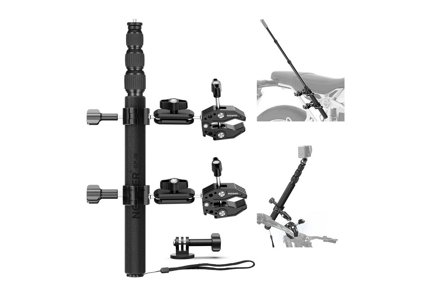 Neewer Action Cam-Halterung GP-30 Motorrad Halterung Zubehör Set für GoPro Insta360 DJI, (Packung, 1-tlg., Doppel Klemmenhalterung, unsichtbarer Selfie Stick, für POV Video)
