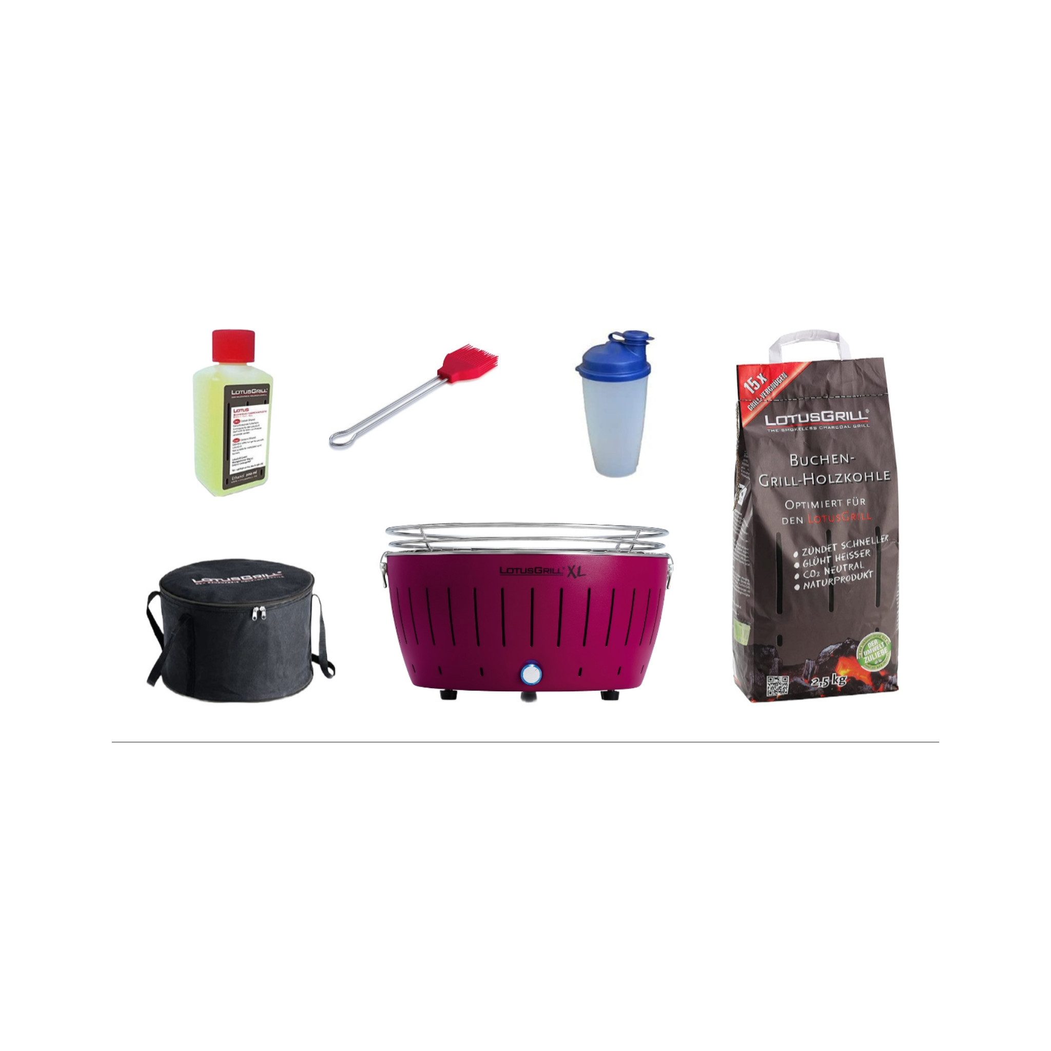 Holzkohlegrill LotusGrill XL Starter-Set 1x XL Grill Pflaumenlila mit USB-Anschluß