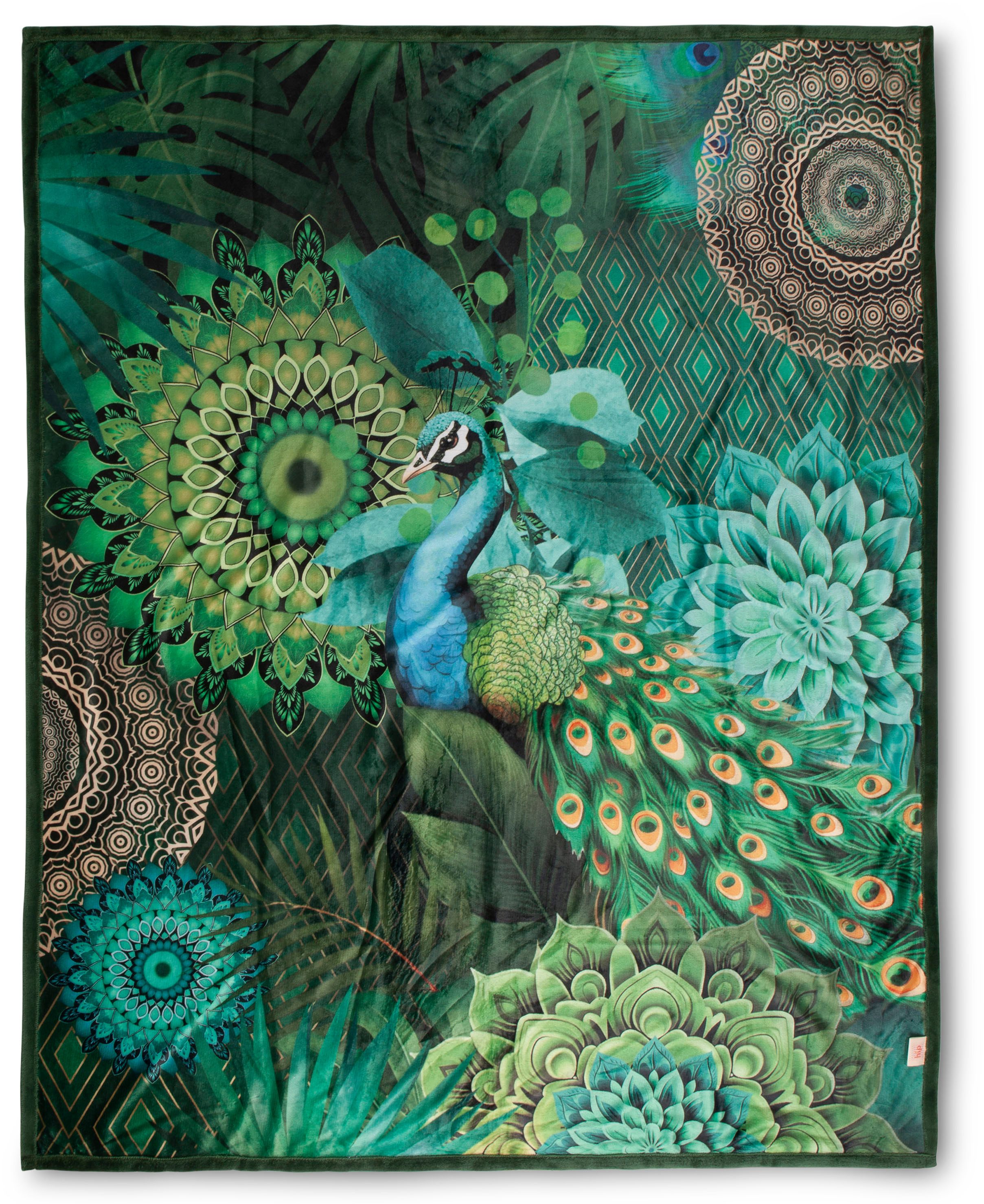 Plaid Agatha, hip, Weich, Kuscheldecke, 130x160 cm, Wendeoptik, Mandala, Pfau, Grün
