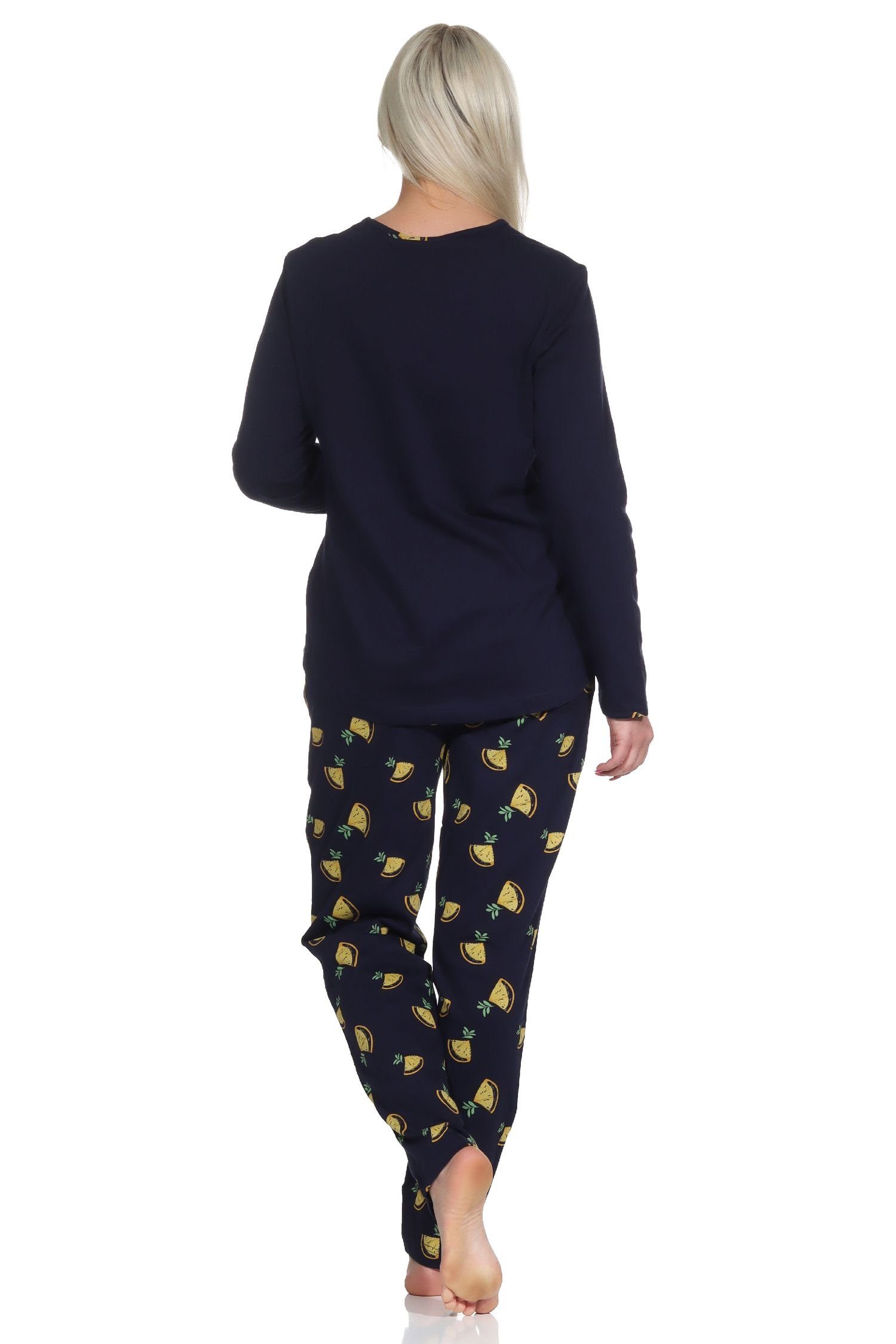 Damen Süsser mit Pyjama Schlafanzug Motiv Normann Pyjama Zitronen marine als langarm