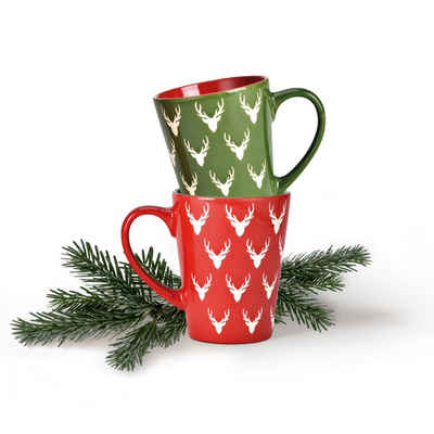 matches21 HOME & HOBBY Tasse Weihnachtstassen 6er Set amerikanisch einfarbig Hirsch, Keramik, Tee Kaffee-Becher, Weihnachten, modern Vintage, rot grün, 360 ml