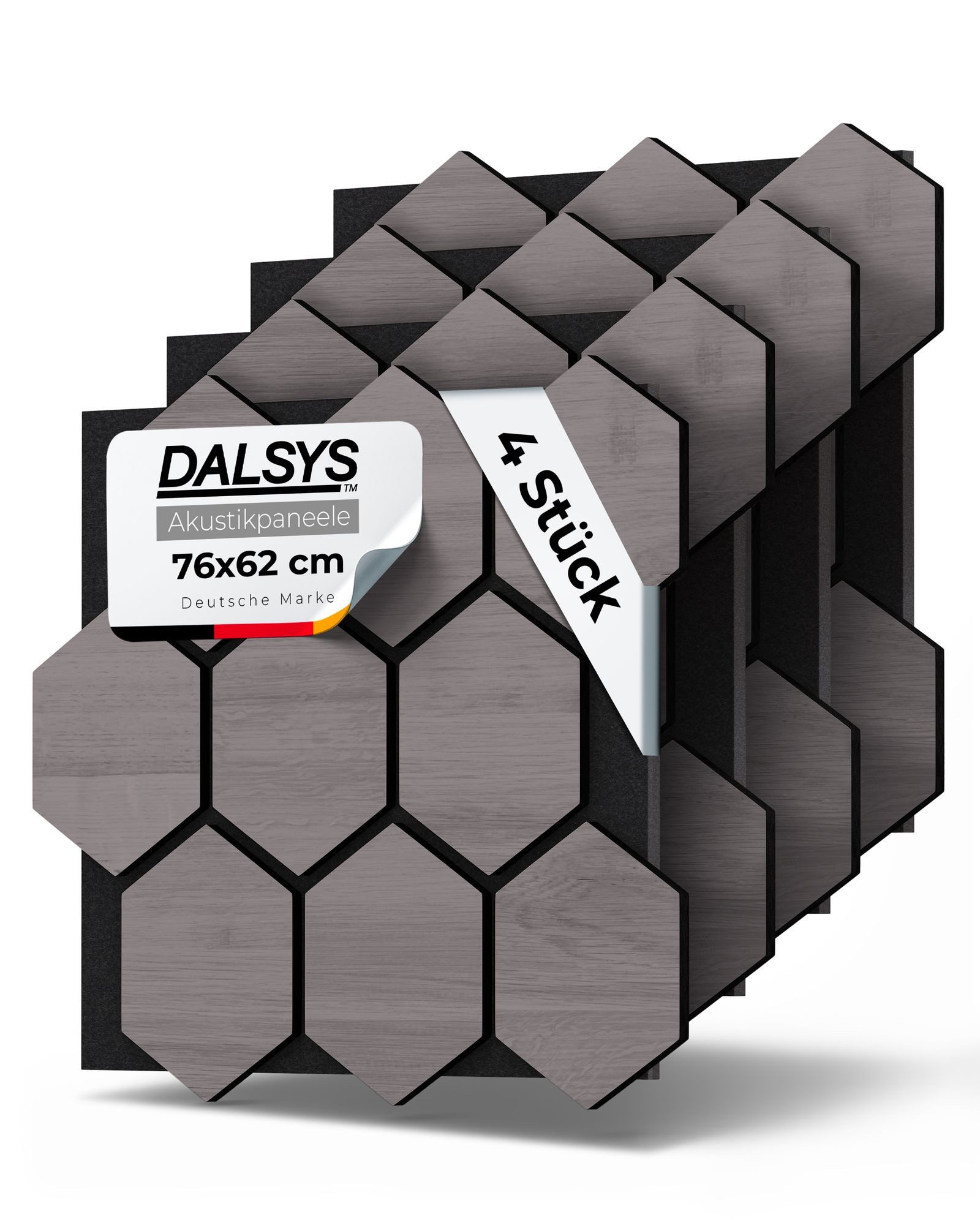Dalsys Wandpaneel Akustikpaneele, BxL: 62x76 cm, (für Schallschutz in Büro- & Wohnräumen - Akustik Paneele - Holzpaneele, 4-tlg) 3D Wandverkleidung innen mit Hexagon-Muster Grau