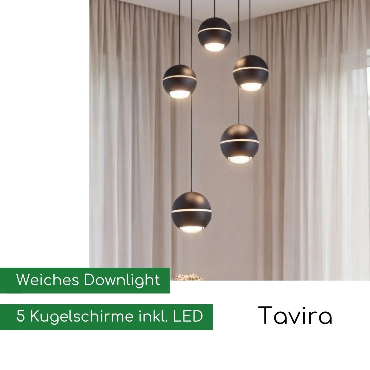 CASA DOMA LED Pendelleuchte Tavira Rondell, 5-flammig, für Esstische, höhenverstellbare Kugeln, dimmbar, LED fest integriert, Warmweiß, aus Metall, Cluster, Soft-Lift, 30 cm Durchmesser