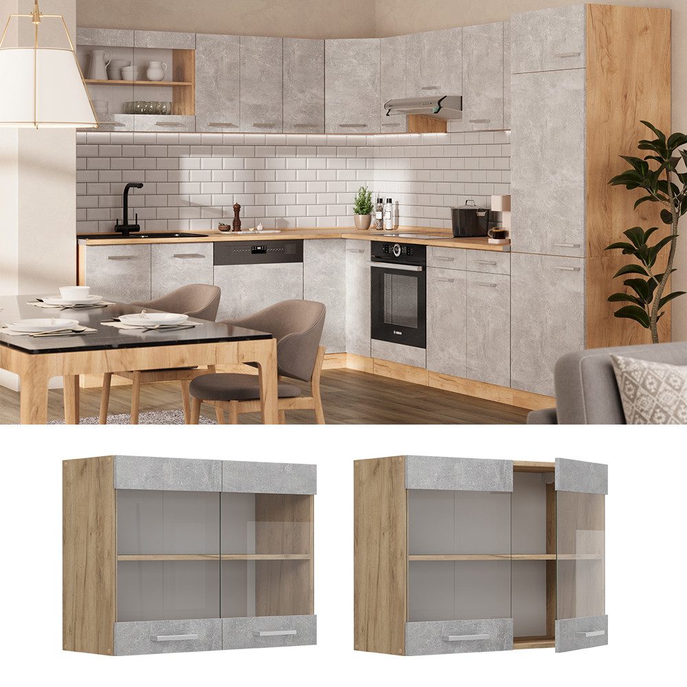 Vicco Glashängeschrank R-Line, Beton/Goldkraft Eiche, 80 günstig online kaufen