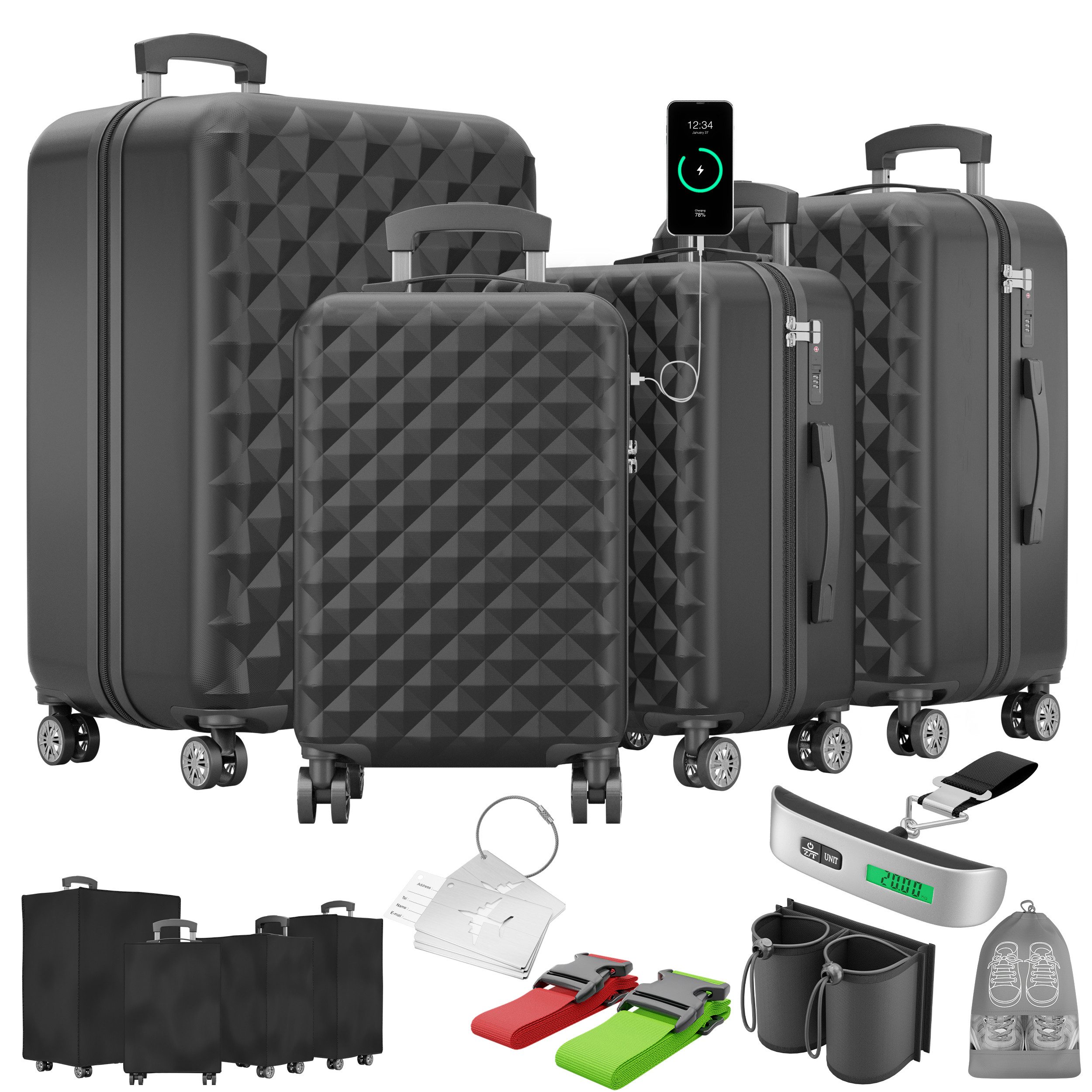 Onbest Kofferset 4er Hartschalen Trolley PREMIUM S-M-L-XL TSA-Schloss, (4 tlg), Mit sehr viel Zubehör, USB-C Anschluss