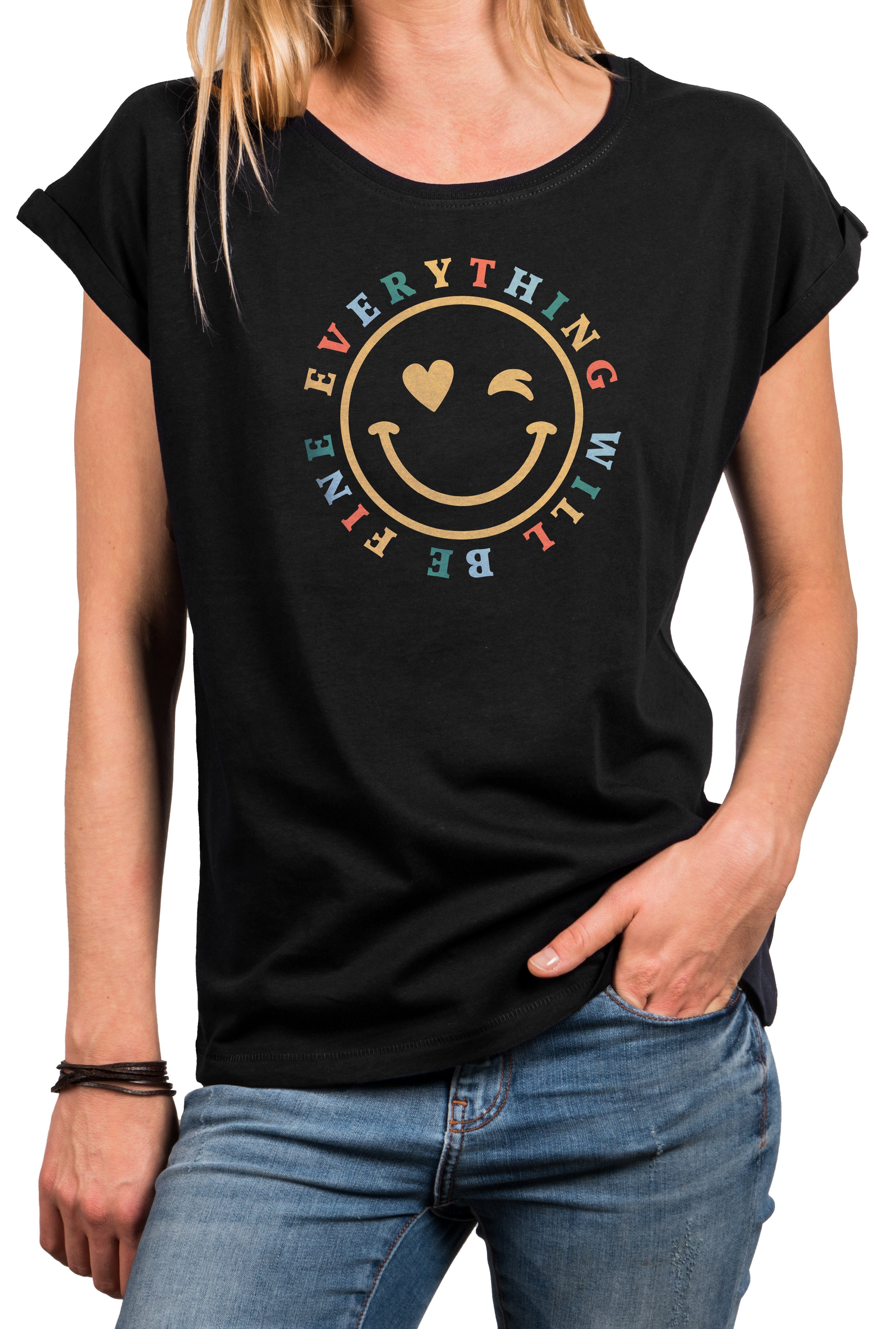 MAKAYA Print-Shirt Damen Kurzam Herz Spruch Sprüche Hippie Style Outfit 60er 70er Jahre Top