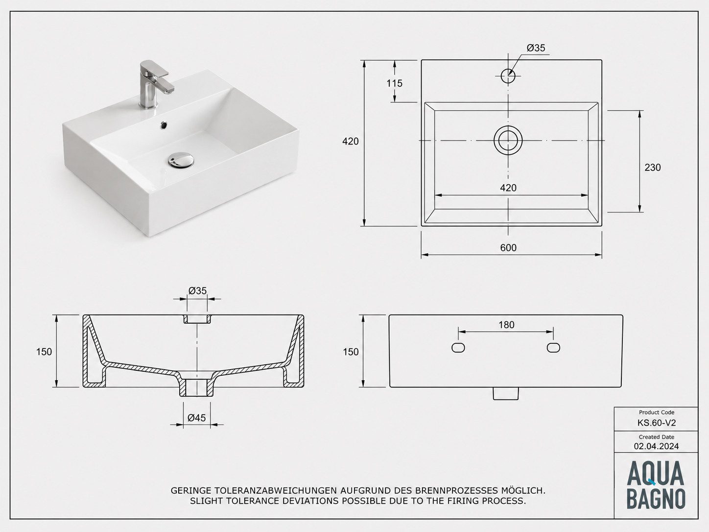 Aqua Bagno Waschtisch Aqua Bagno Keramik Waschtisch Waschbecken Aufsatz 60cm weiß Elegant (Aufsatzwaschbecken, 60x42cm), weiß, rechteckig, mit Hahnloch & Überlauf