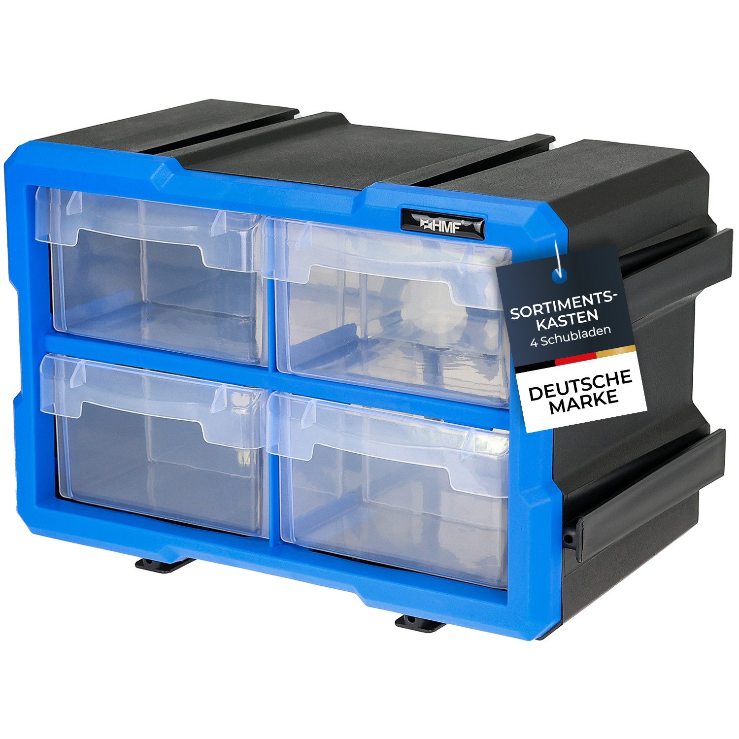 HMF Sortimentskasten Sortierbox für Kleinteile mit 4 Schubladen, Sortimentskasten, für Schrauben und Werkzeug 8 Fächer, 29,5 x 19,5 x 16 cm, Blau-Schwarz