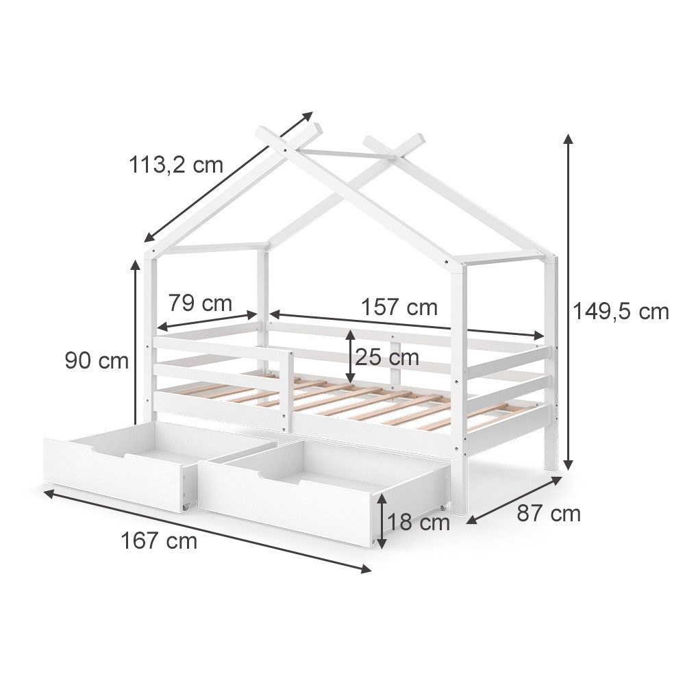 VitaliSpa® Hausbett Luni, Weiß, 160 x 80 cm mit Aufbewahrungskästen und Matratze (2-tlg)