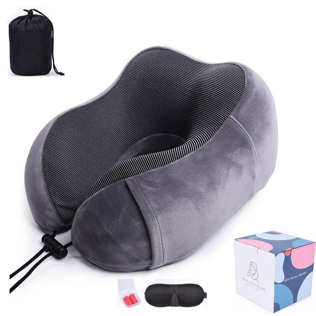 XDeer Nackenkissen Reisen,Flugzeug,Büro hochwertiges für Memory-Schaum, Nackenpolster grau Nackenkissen geformtes Nackenstützkissen,maschinenwaschbares mit ergonomisch Reisekissen ideal und Schlafmaske,Ohrstöpsel,Tasche,weicher Camping