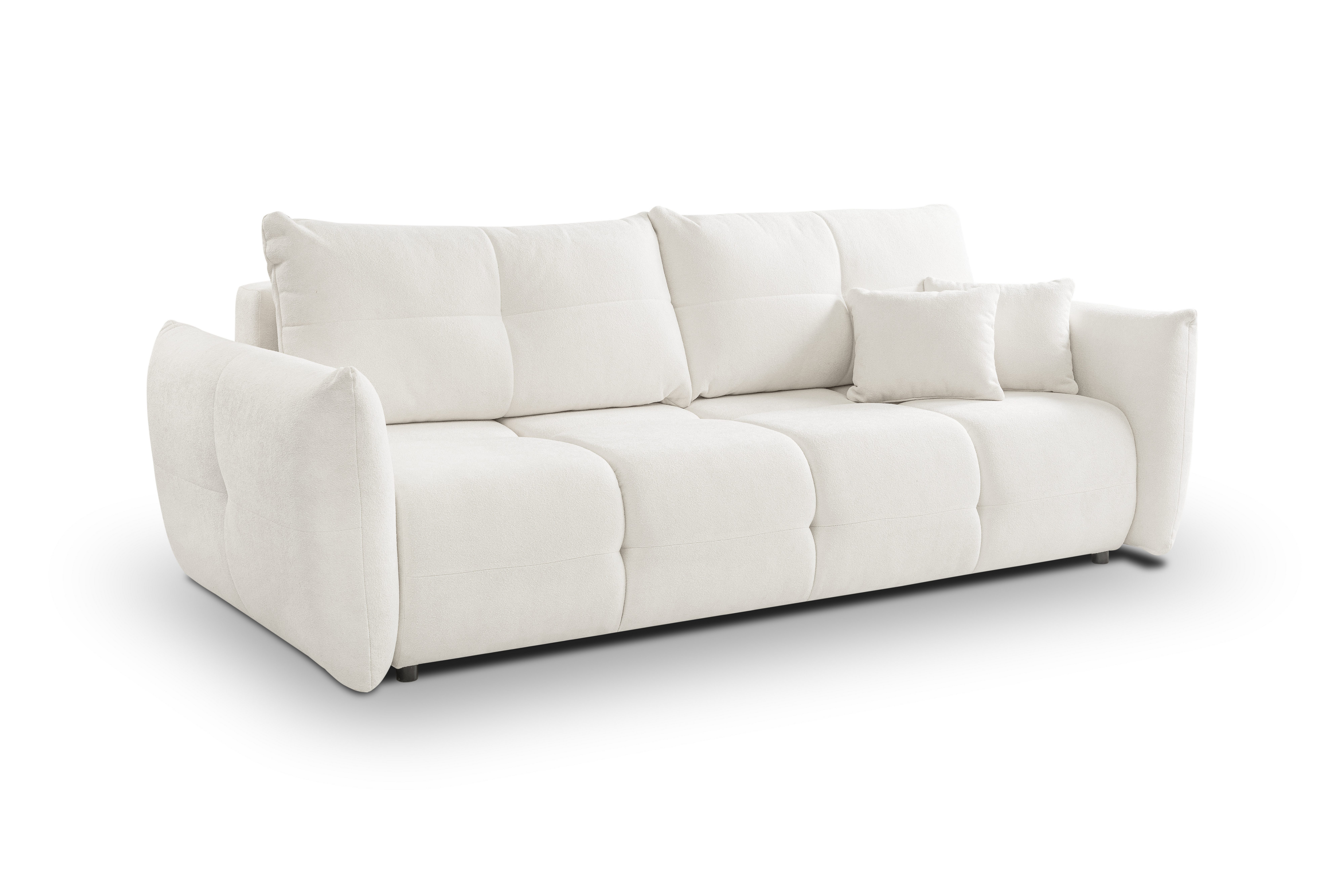 Goldstoff Sofa Beige 3 Sitzer mit Schlaffunktion und Bettkasten, Design Schlafsofa 245 cm mit Ausziehfunktion und Stauraum, Premium Couch 3 Sitzer mit Bettfunktion und Stauraum Modern