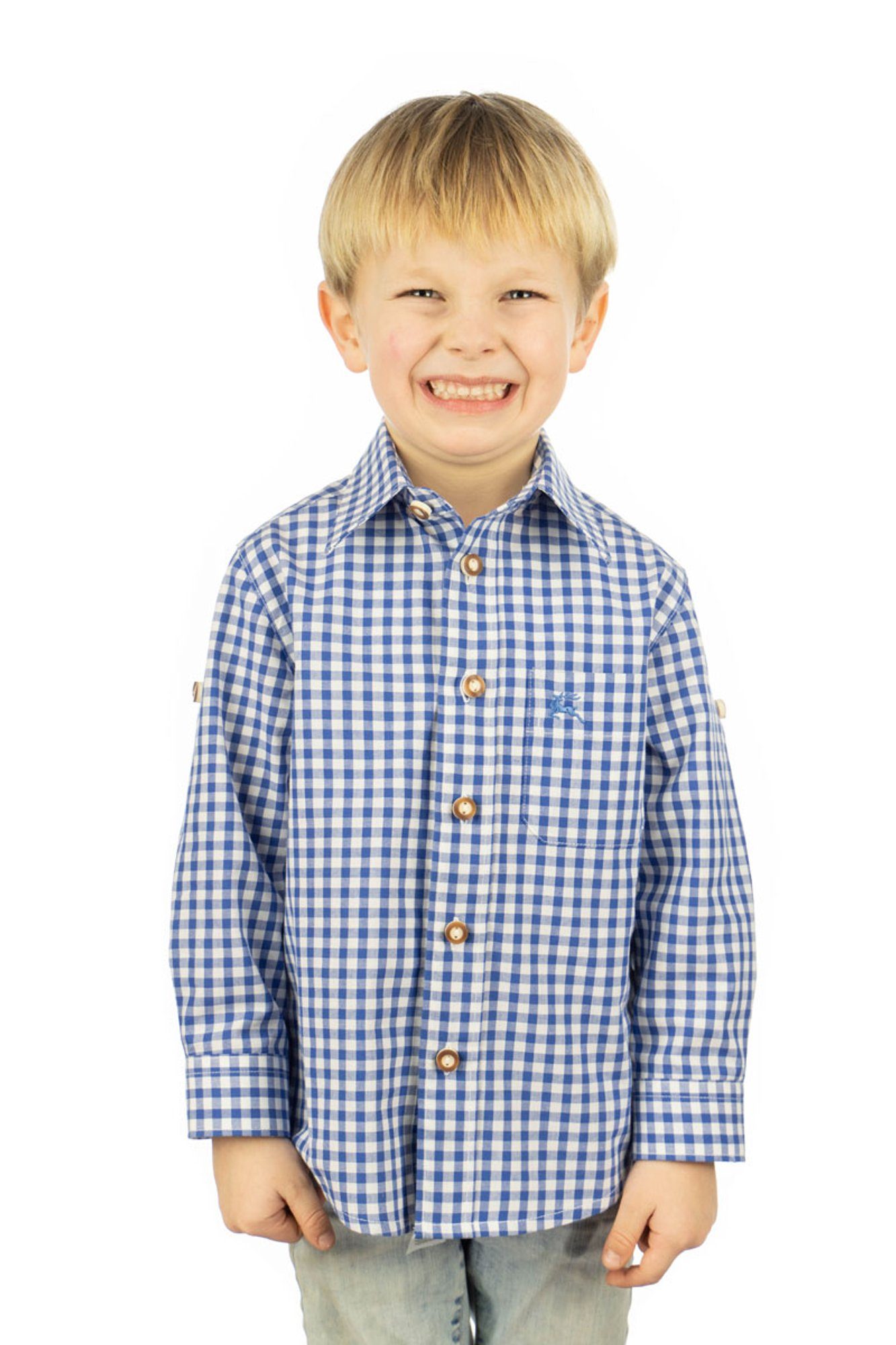 OS-Trachten Trachtenhemd Lafoa Langarmhemd Jungen mit mit Brusttasche Hirsch-Stickerei mittelblau aufgesetzter