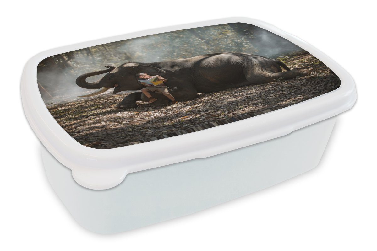 MuchoWow Lunchbox Elefant - Junge - Buch - Wald - Tiere - Natur, Kunststoff, (2-tlg), Brotbox für Kinder und Erwachsene, Brotdose, für Jungs und Mädchen weiß
