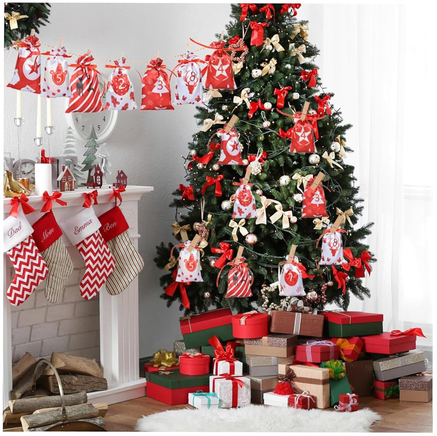 Coonoor befüllbarer Adventskalender 24 Stück Weihnachts-Adventskalender-Taschen, mit Kordelzug, Wiederverwendbare Stoff-Geschenktüten für den Weihnachts-Countdown