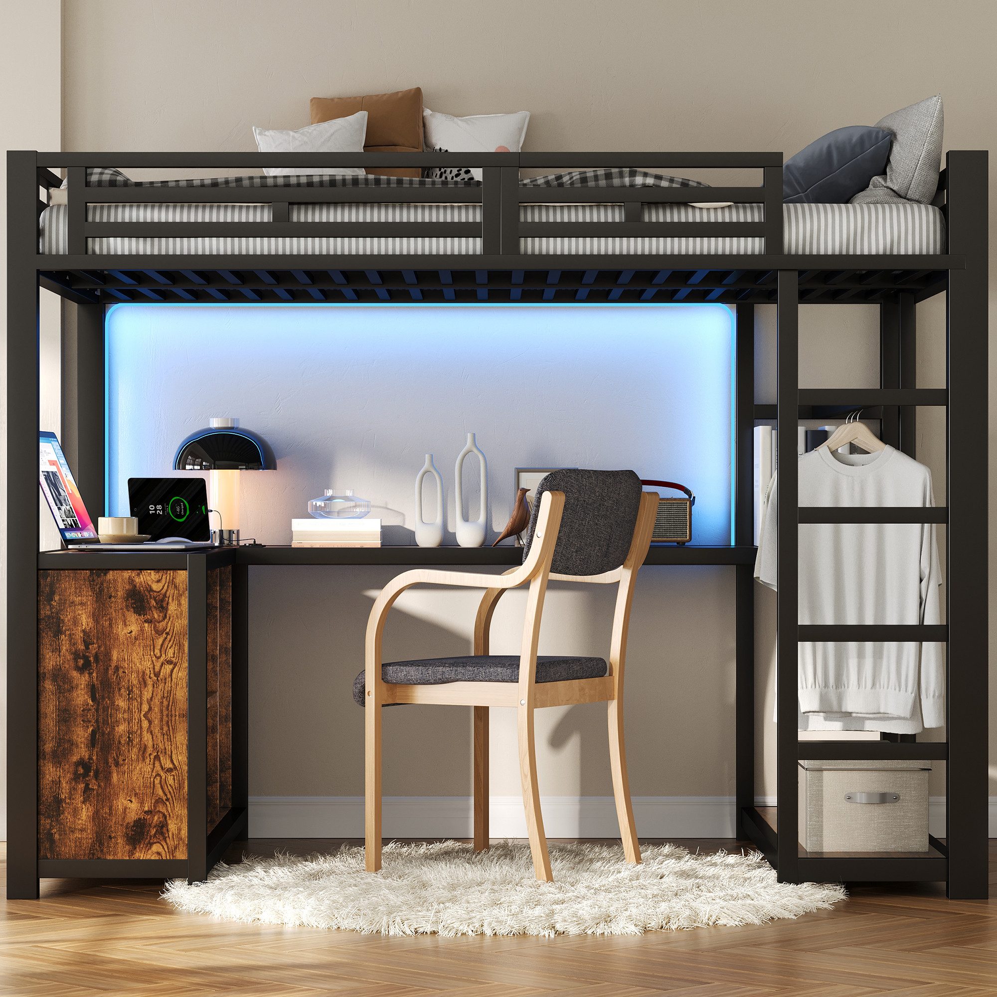 Flieks Hochbett Metallbett 140x200cm mit Schreibtisch, Kleiderstange, LED & Aufladen