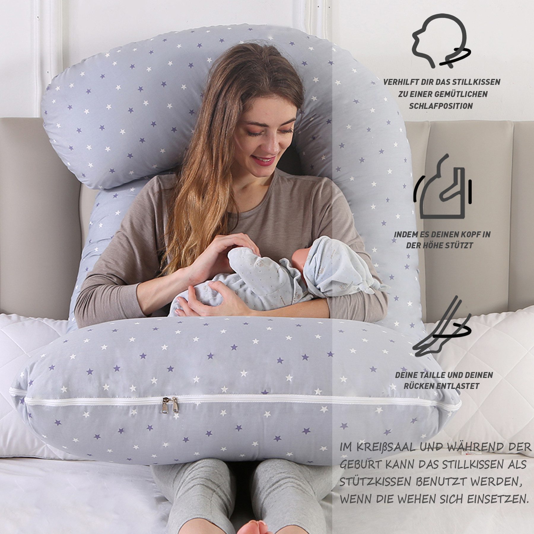 CALIYO Seitenschläferkissen Stillkissen, J-förmiges Schwangerschaftskissen zum Schlafen, Seitenkissen, Seitenschläferkissen ergonomisch geformt – Bild 4 von 5