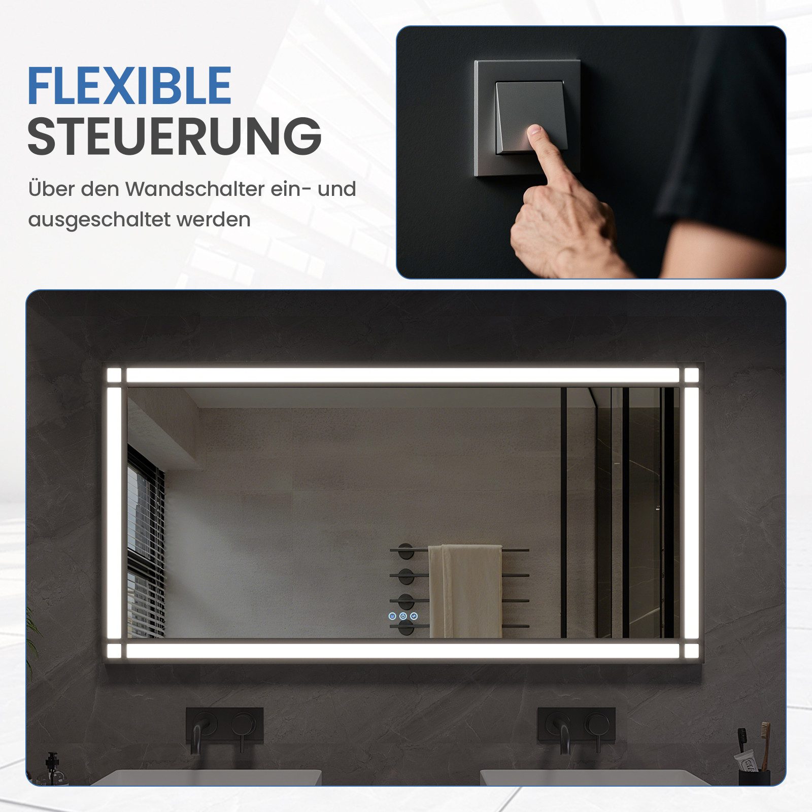 AQUABATOS Wandspiegel Badspiegel mit LED Beleuchtung Wandmontage Lichtspiegel Schminkspiegel, Mit Aluminiumrahmen mattschwarz Antibeschlag Touchschalter Dimmbar – Bild 5 von 5