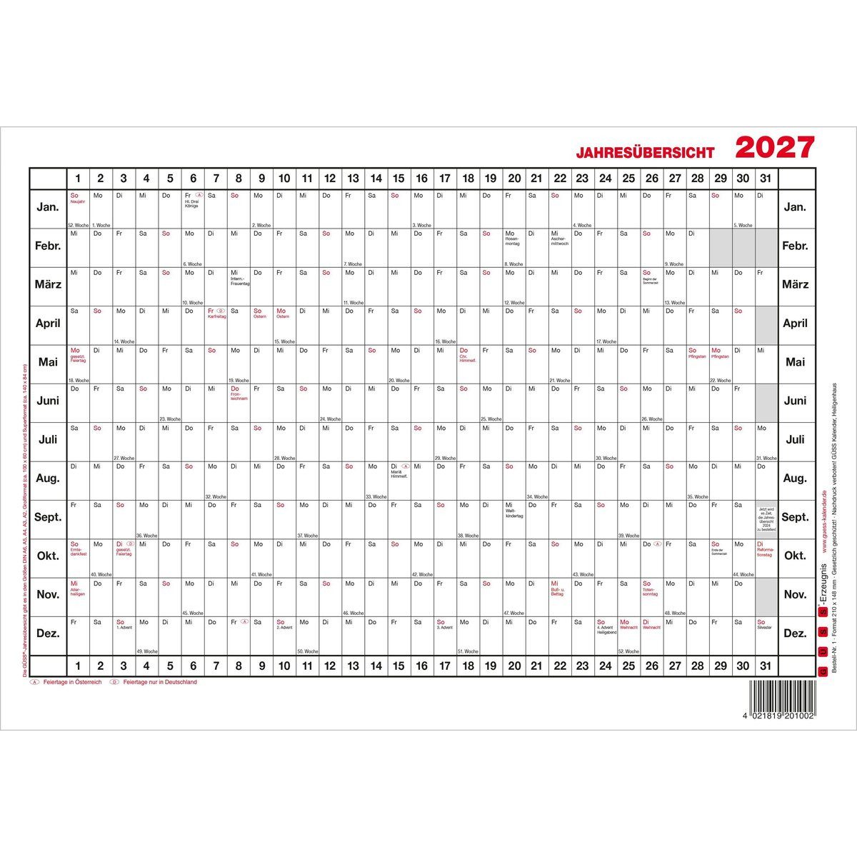GÜSS Kalender Plakatkalender Jahresübersicht A3 40x30cm 12 Monate Kalendarium 2027