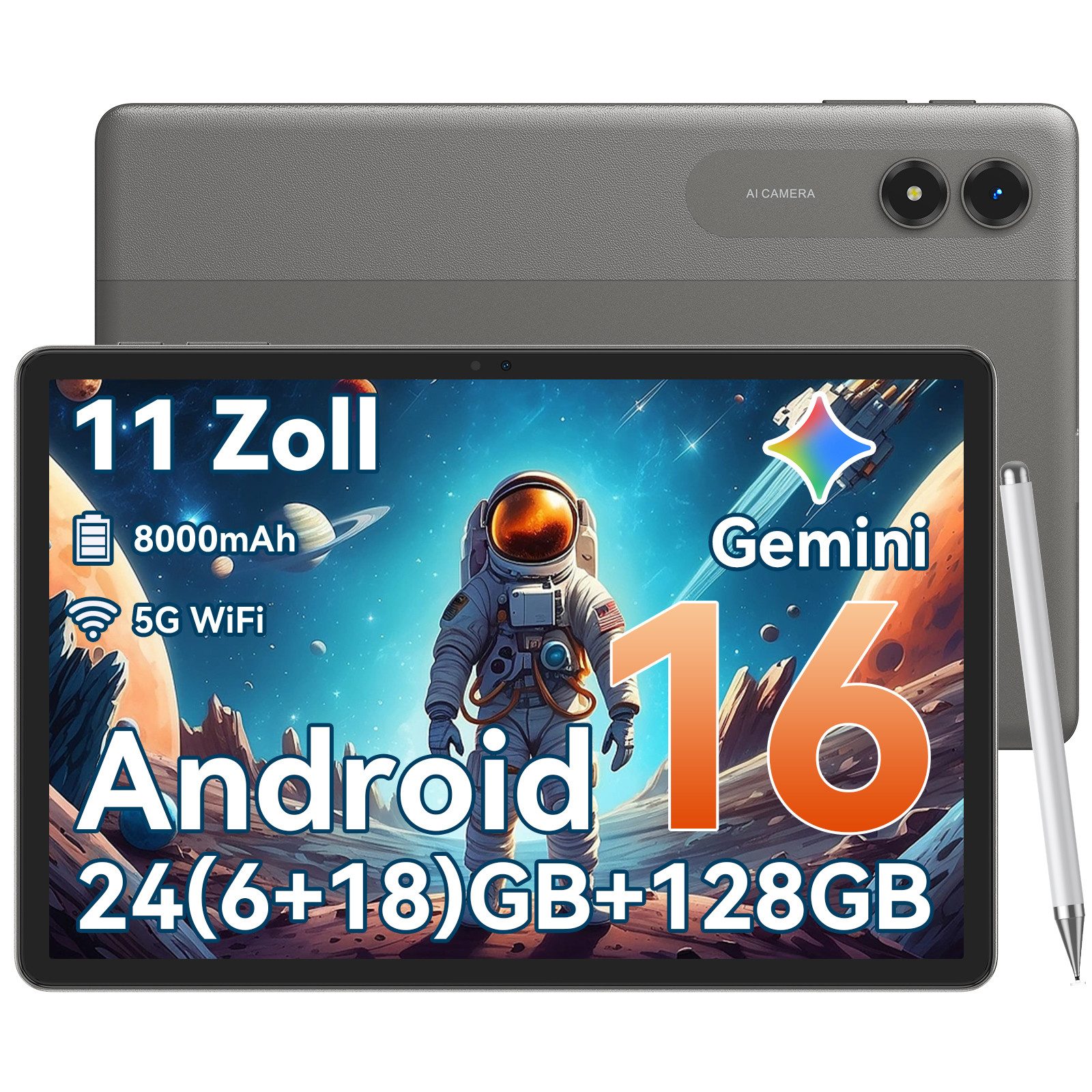 KINGRID 11 Zoll Android 16 128 GB 5G WiFi tablet mit Stift/Hülle/Tastatur Tablet (11", 128 GB, Android16, Android 16, Gemini Al Magic, 8000 mAh, 5G WiFi)