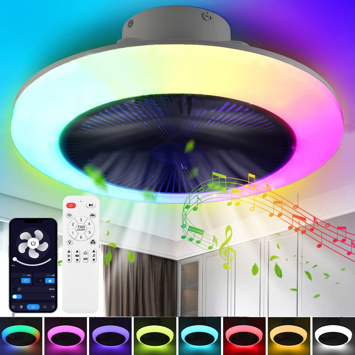 oyajia LED Deckenleuchte 50W Deckenleuchte RGB Farbwechsel, Leise Deckenventilator Dimmbare, mit Lautsprecher, LED fest integriert, Warmweiß, Naturweiß, Kaltweiß, RGB, Luftzirkulation Beleuchtung Funktion für Wohnzimmer Schlafzimmer Küche