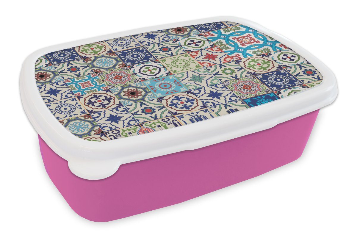 MuchoWow Lunchbox Blumen - Muster - Grün - Blau, Kunststoff, (2-tlg), Brotbox für Erwachsene, Brotdose Kinder, Snackbox, Mädchen, Kunststoff rosa
