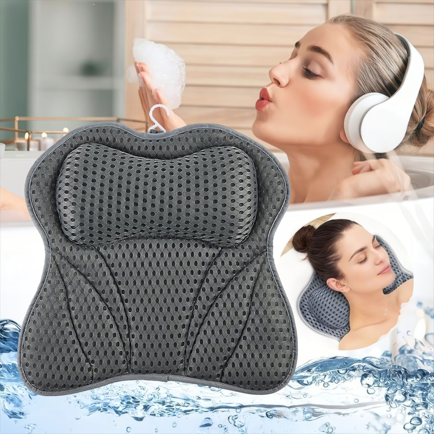 HEYHIPPO Badewannenkissen Badewannenkissen 4D Mesh,ergonomisch,Schmetterlingsform,42×43×6cm grau, Atmungsaktives Badezimmerkissen, leicht zu reinigen, entspannendes Bad, Mit Haken6 Saugnäpfen, rutschfest, maschinenwaschbar,schnelltrocknend