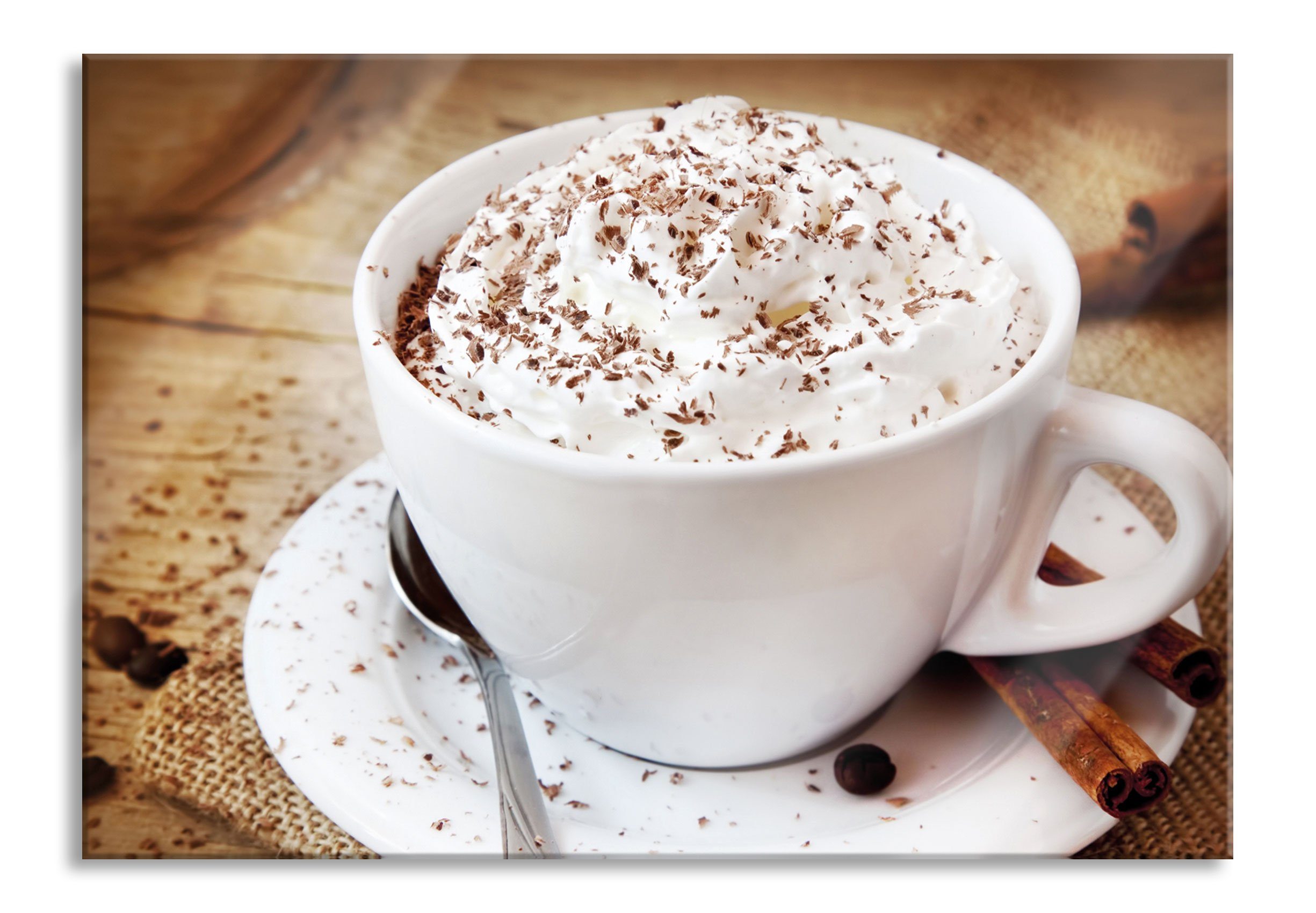 Glasbild Frischer Kaffee mit Schokostreusel
