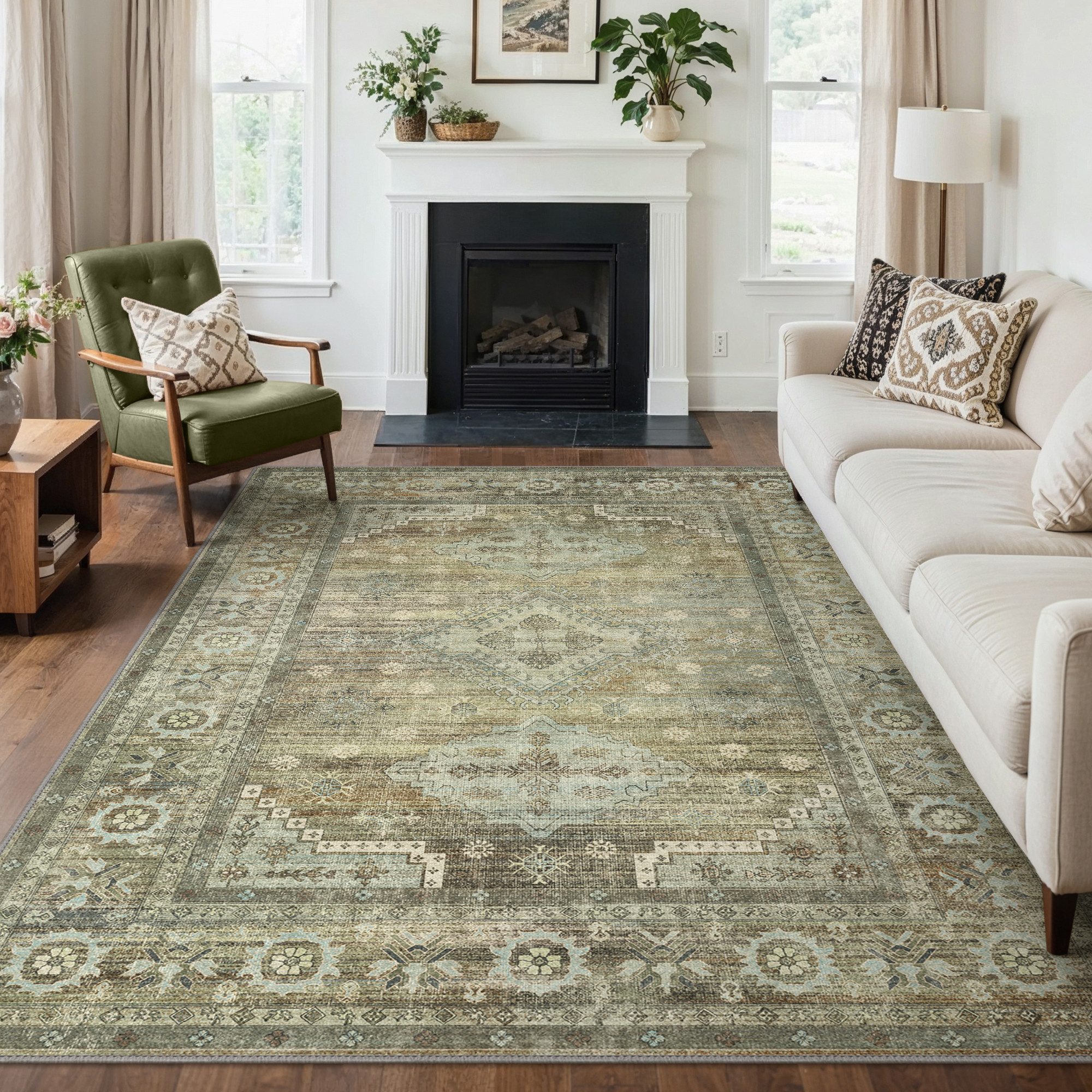 GENIMO Teppich Wohnzimmer Teppich, Boho, Kurzflor, waschbar, rutschfest, rechteckig, 60x150cm, grün