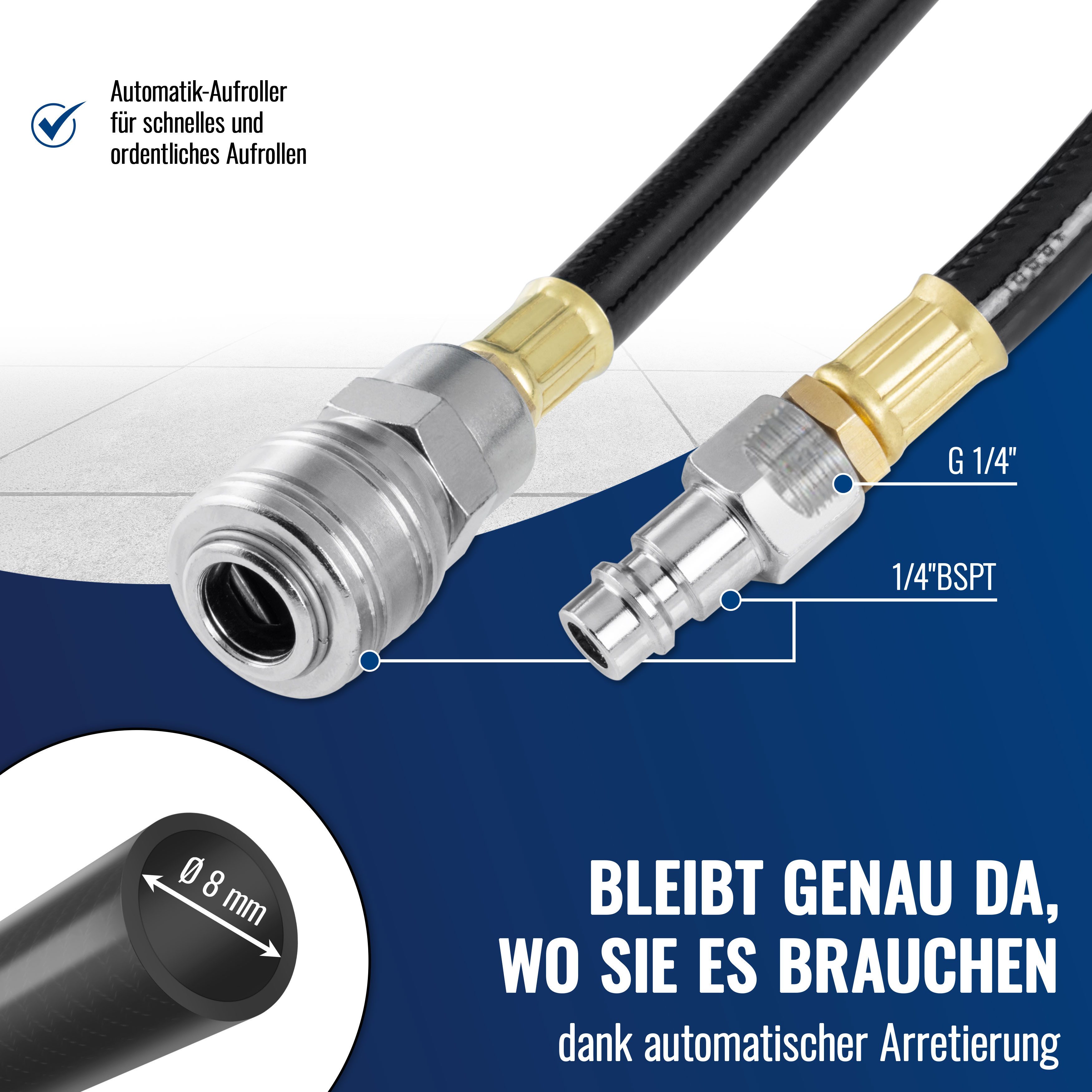 Poppstar Druckluftgeräte-Set Automatische Druckluftschlauchtrommel 10m, Schlauch: 10m + 1m, Innendurchmesser 5/16" (8x12mm), Schlauchtrommel mit Automatik Aufroller für Druckluft Schlauch