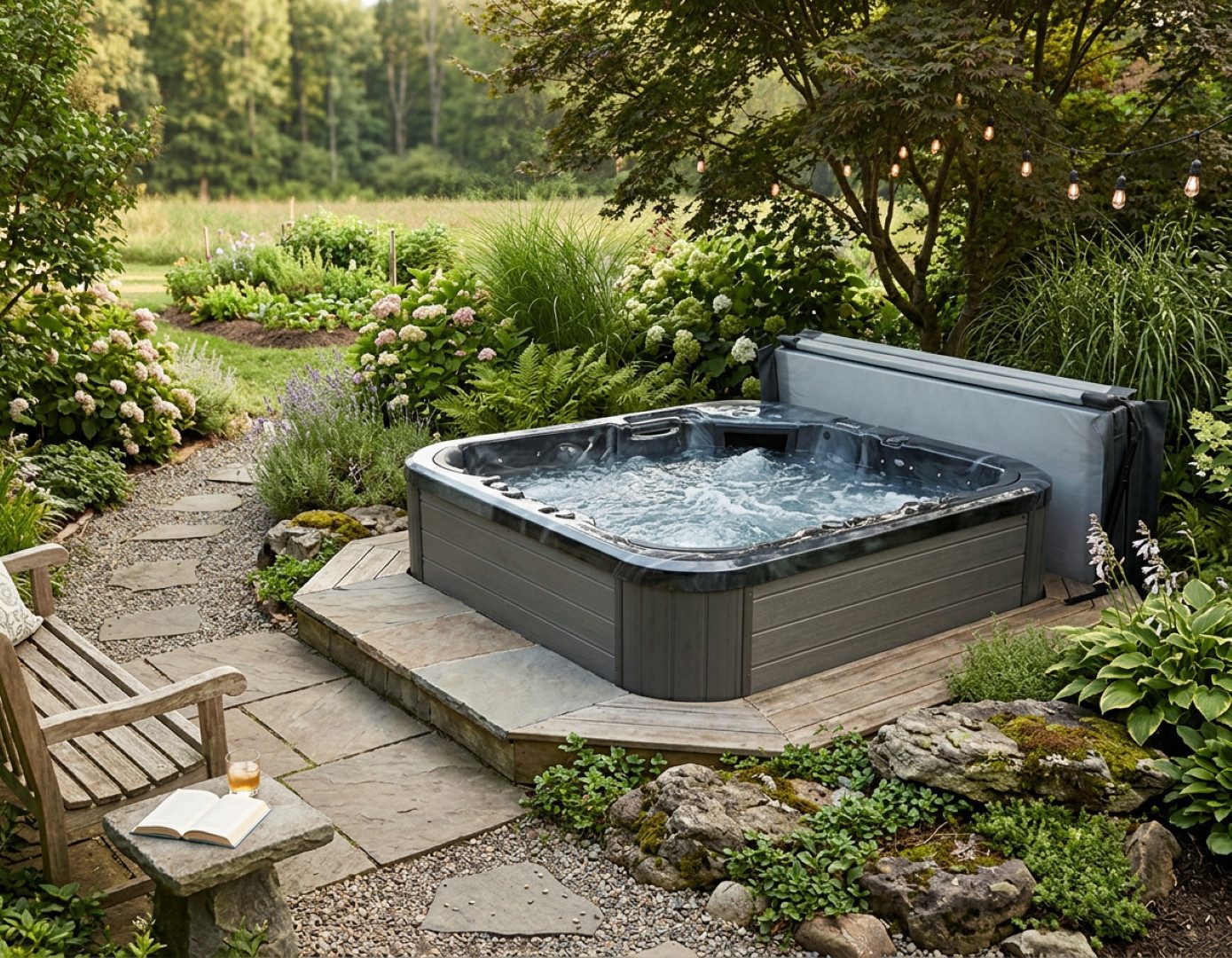 SPA Kompagniet Whirlpool Scandinavic Wood Art "Gotland" Outdoor Whirlpool 5P 2 Liegen 216×216cm, Aufstellbecken, (Komplett inkl. Thermo-Cover, 2 Filter und Beleuchtung), inkl. Cover, 46 Massagedüsen und zwei ergonomische Liegeplätze