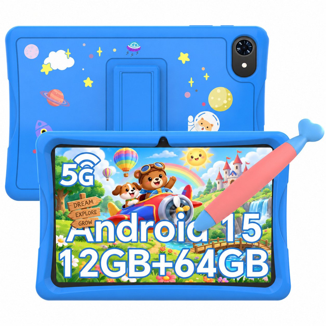 TABWEE 10" kinder tablet Android15 mit Hülle, Stift Tablet (10.1", 64 GB, Android15, Google Kids Space, 5G wifi, Android 15, Gemini AI, mit Stift)