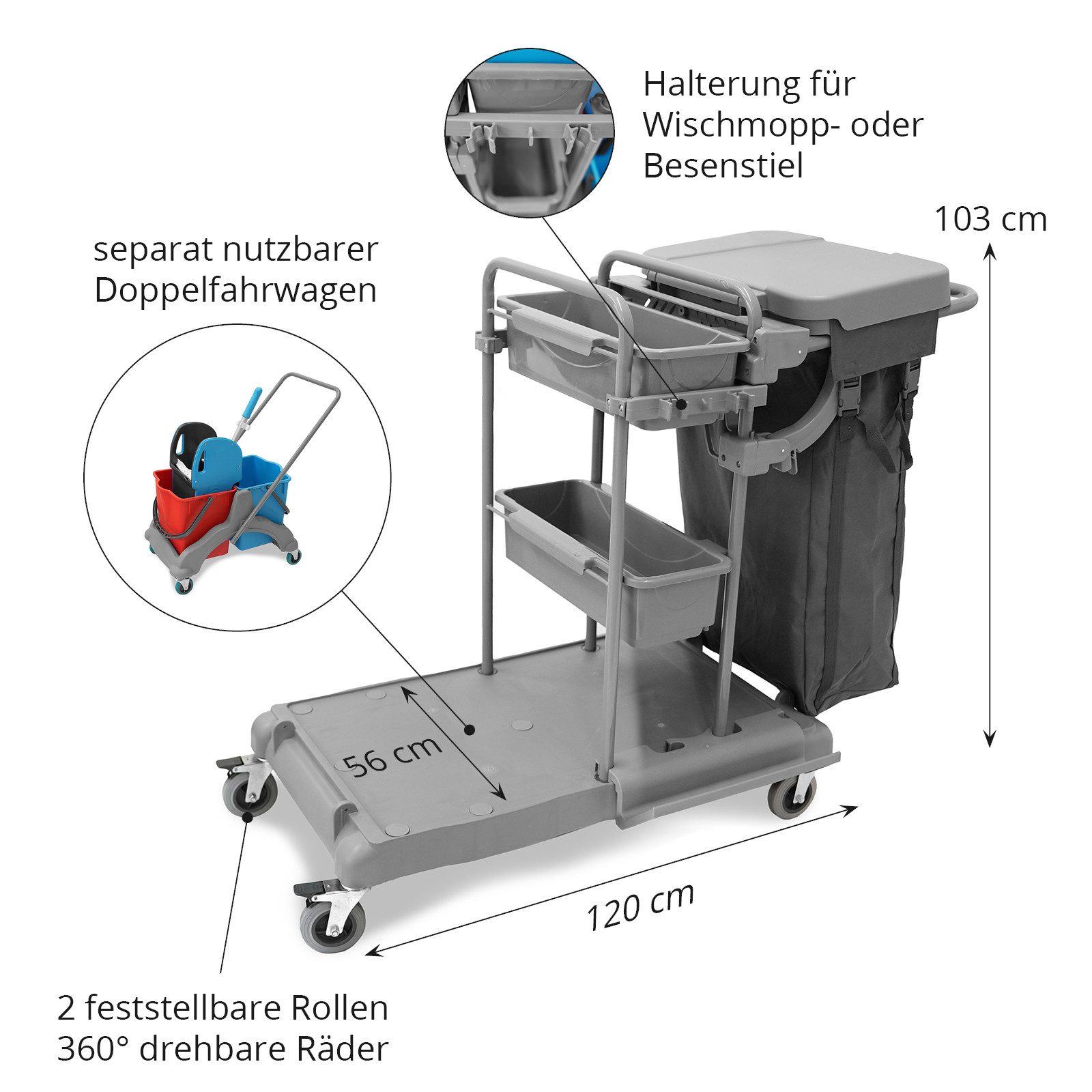 Hypafol Putzwagen HY-2005, (SET, Eimer,Halterung für Besen, Möppe,Mikrof.Tücher,Kehrgarnitur,Warnschild)