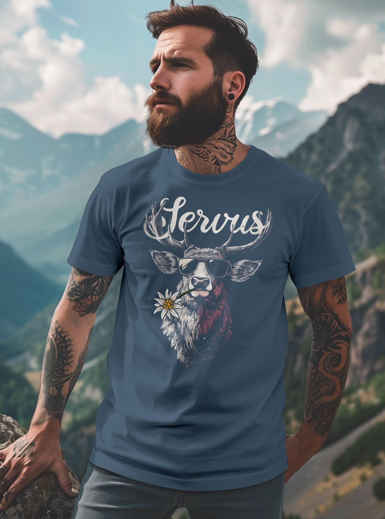 Neverless Print-Shirt Herren T-Shirt Hirsch Tracht Modern Lustig Volksfest Bayern Servus mit Print – Bild 4 von 5