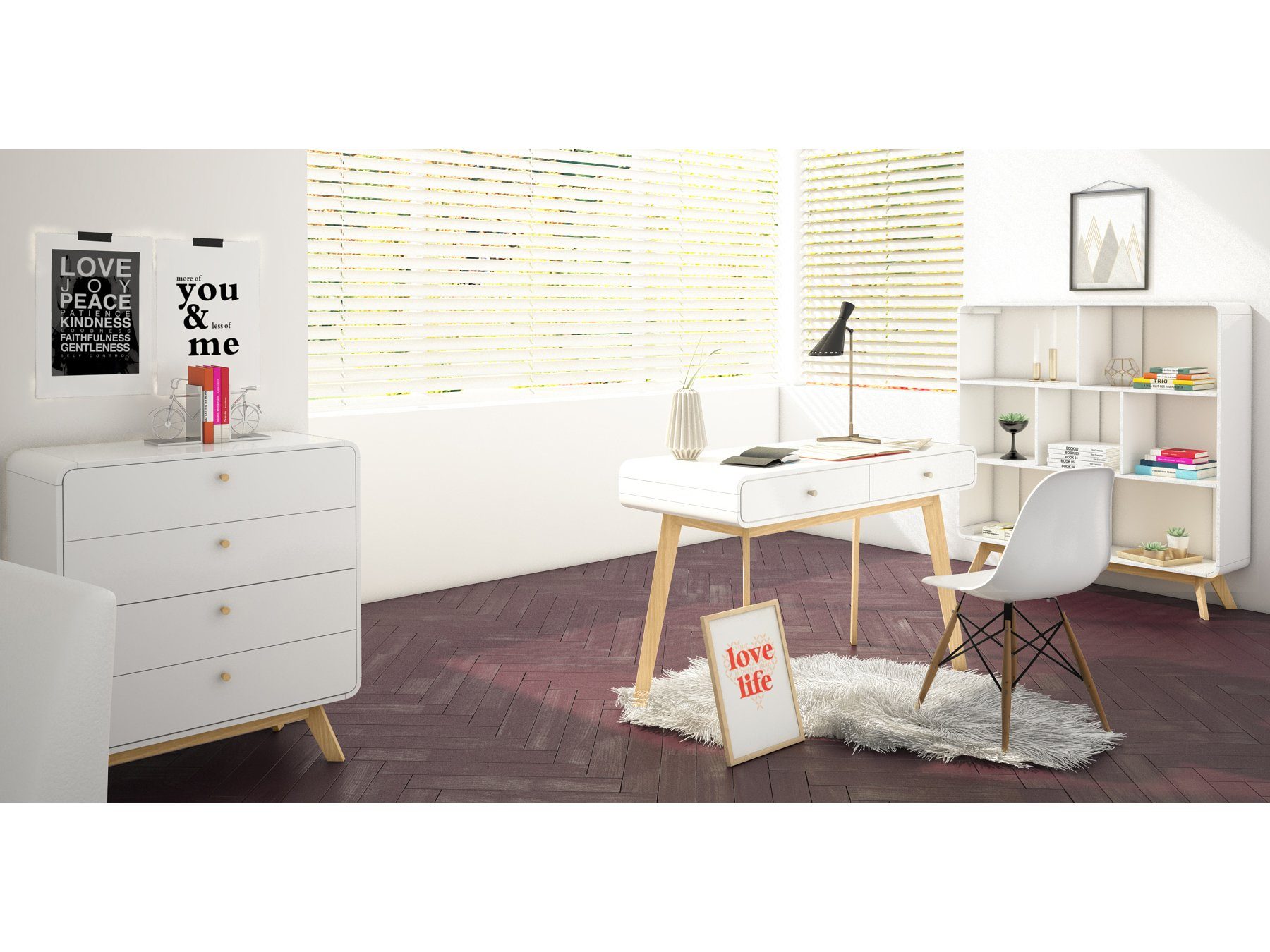 Schreibtisch weiß/weiß Breite Farbvarianten, Schubladen loft24 120 cm Caitlin, 2 Büro-/Computertisch,
