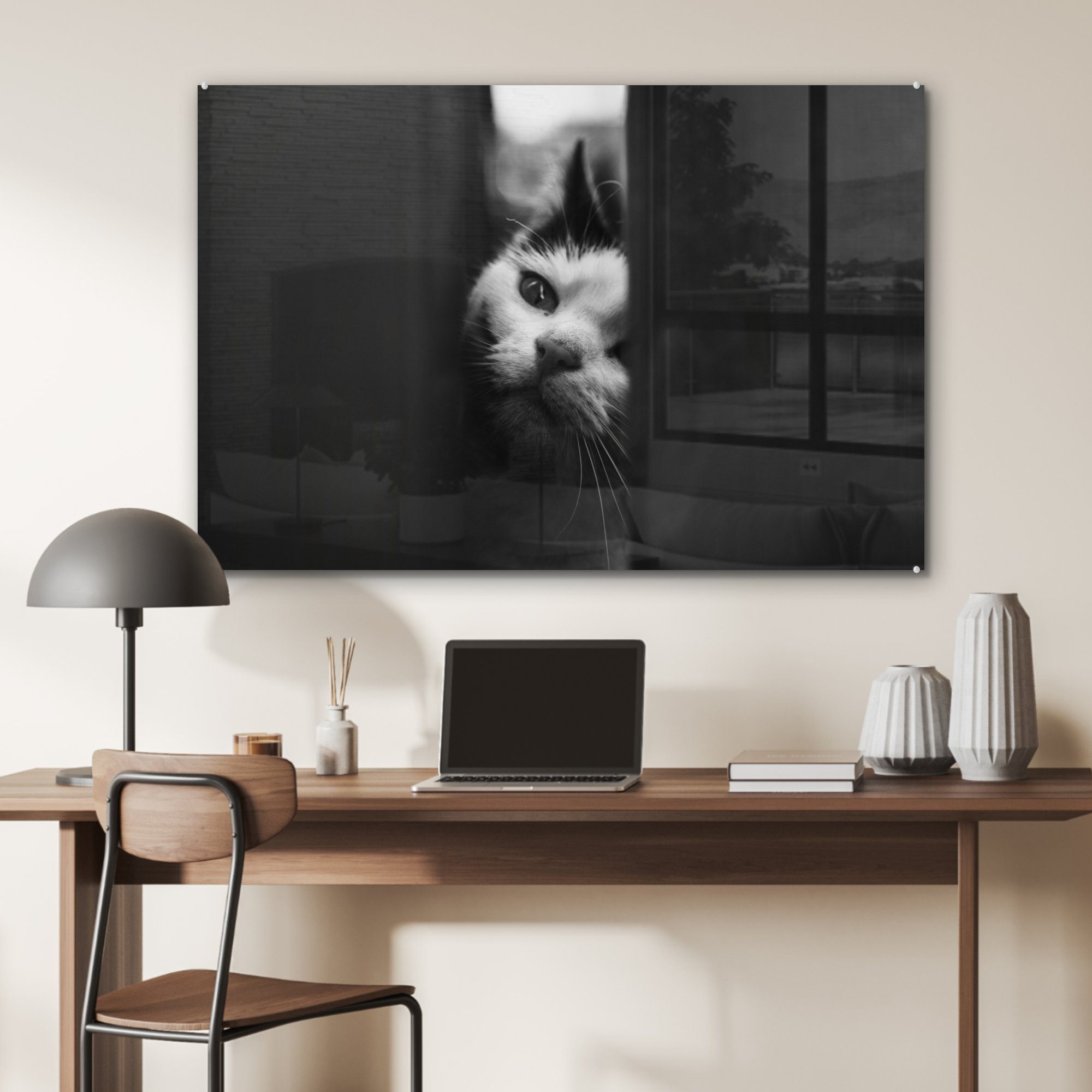 MuchoWow Schlafzimmer weiß, Tierprofil & St), Acrylglasbilder (1 Wohnzimmer schwarz Spionage Katze in Acrylglasbild und