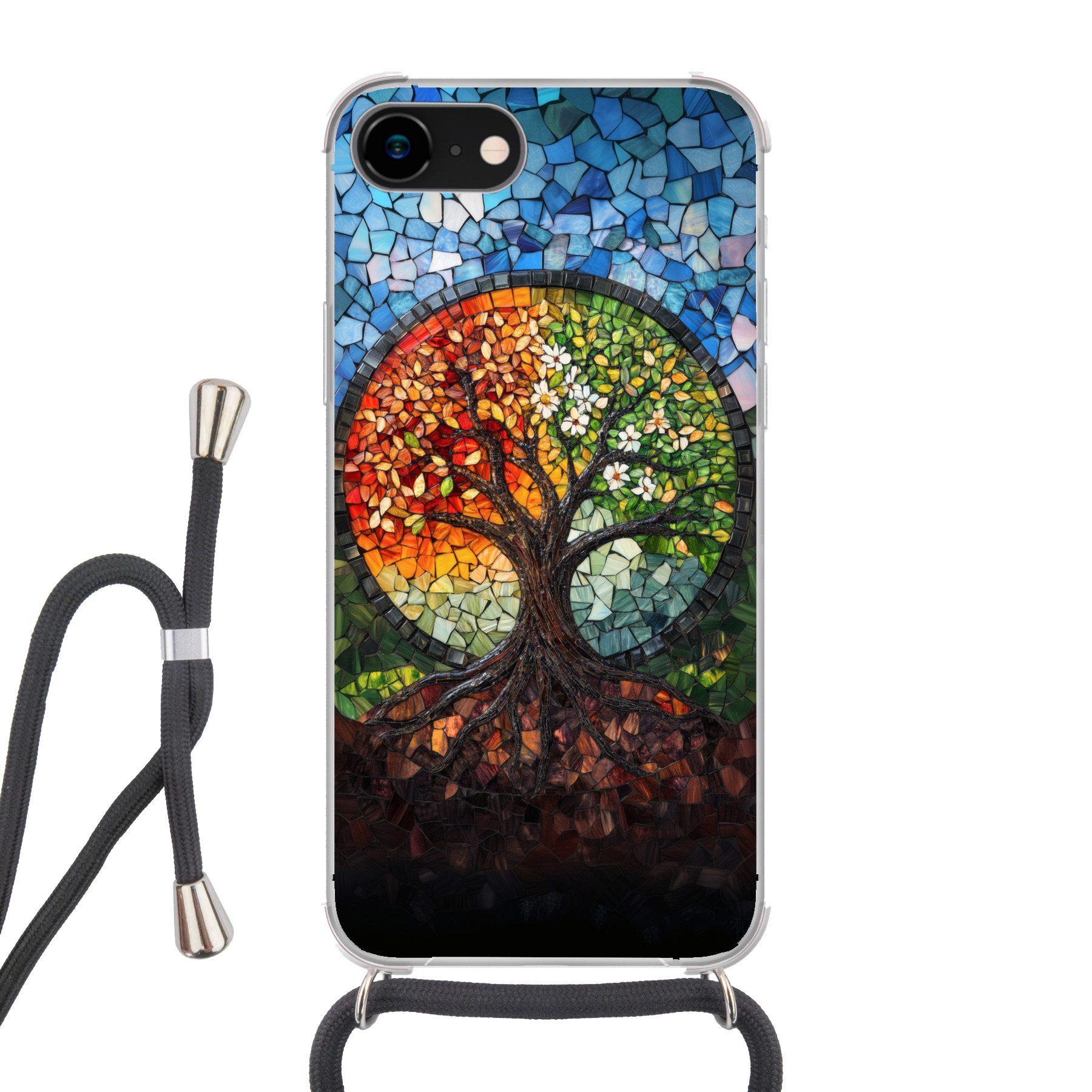 MuchoWow Handyhülle für Apple iPhone 8 Baum - Jahreszeiten - Mosaik - Berge, Tragbare Handyhüllen mit Kette zum umhängen, Handykette Handyband