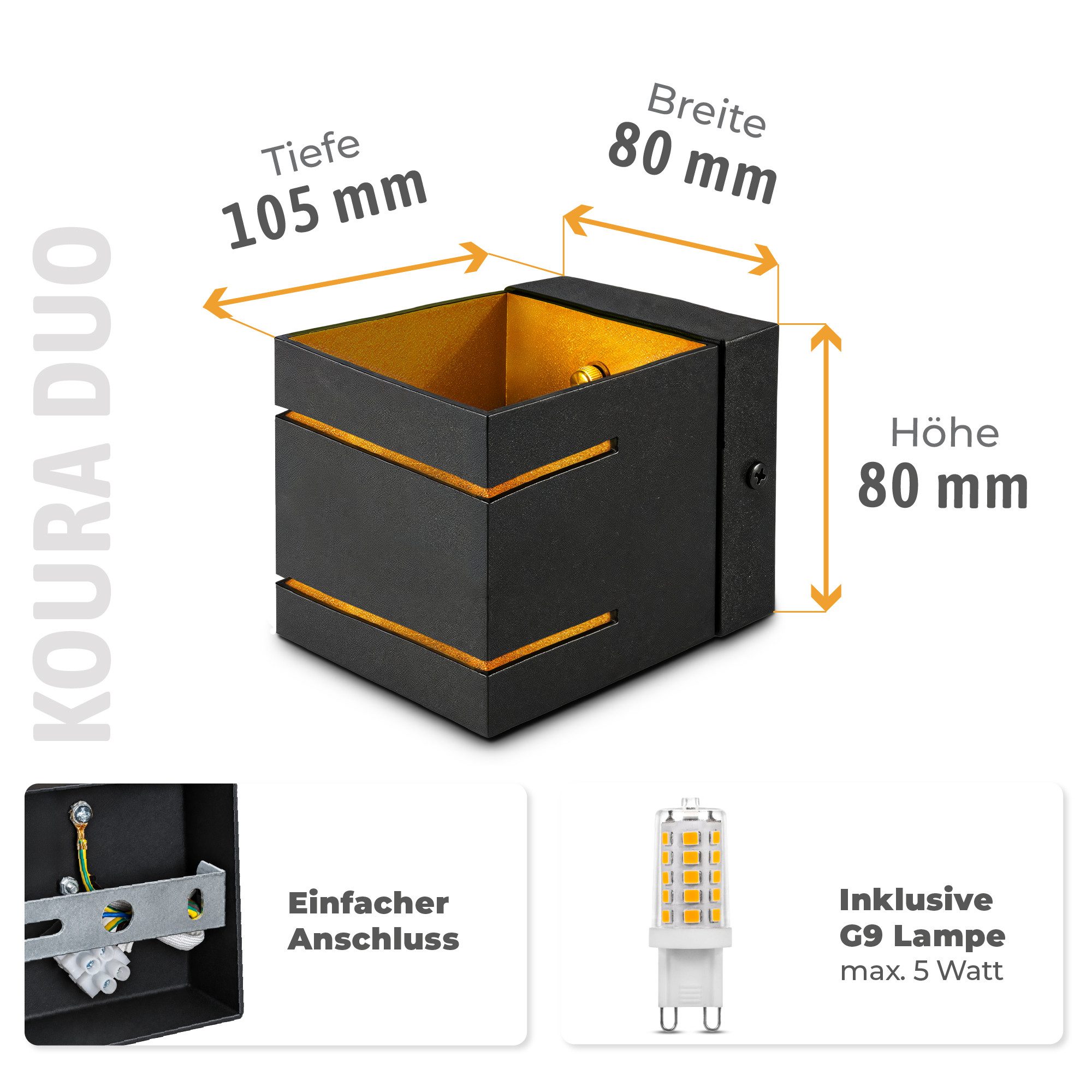 SSC-LUXon LED Wandleuchte Wandstrahler KOURA DUO Up & Down schwarz G9 3W warmweiß Glühbirne, Warmweiß