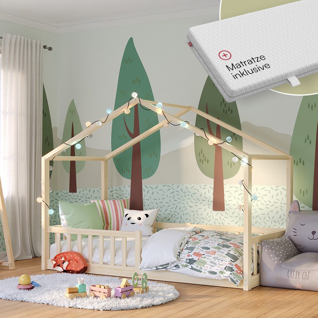 Bellabino Hausbett Bia mit Rausfallschutz und Lattenrost (natur, mit Matratze), Bodenbett verfügbar in 80x160 & 90/120/140x200 cm