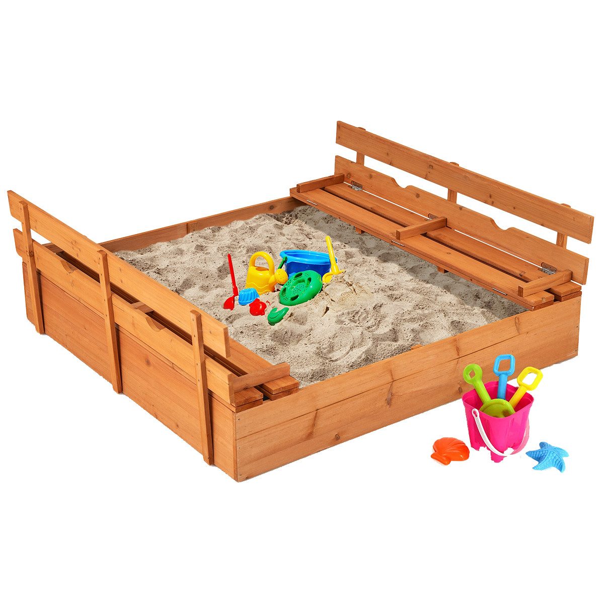 COSTWAY Sandkasten, mit Sitzbänken, 120x120 cm Sandkiste Holz