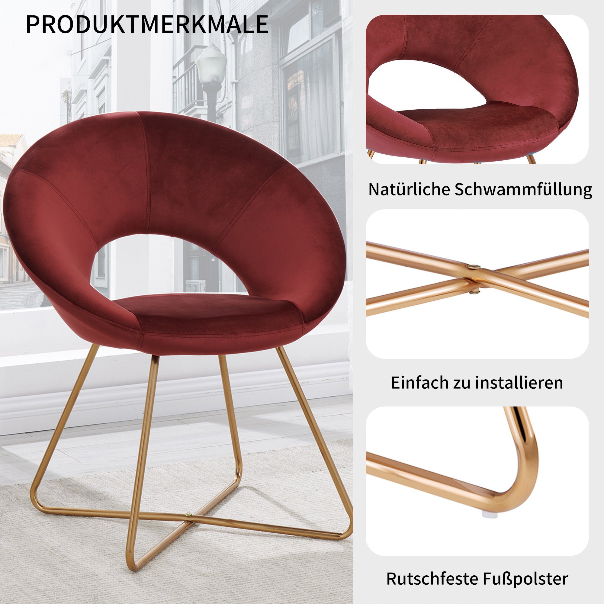 Samt, Rot Duhome Loungesessel, aus Polsterstuhl Metallbeine Wohnzimmerstuhl Gold Sessel, Esszimmerstuhl