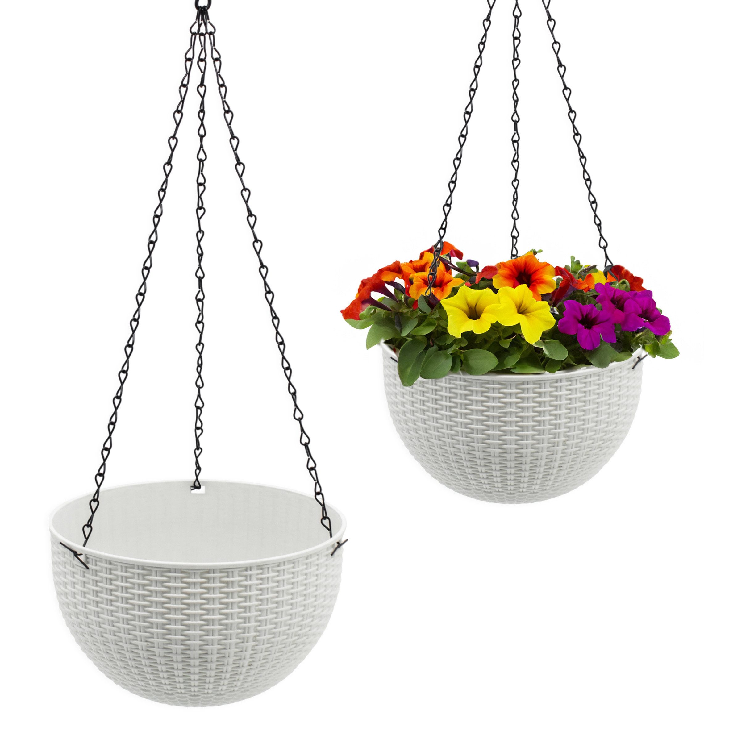Spetebo Blumenampel in Rattan Optik - 23 cm - mit schwarzer Metallkette (Anzahl, 1 St., Stück), Drainage mit Verschluss-Stopfen