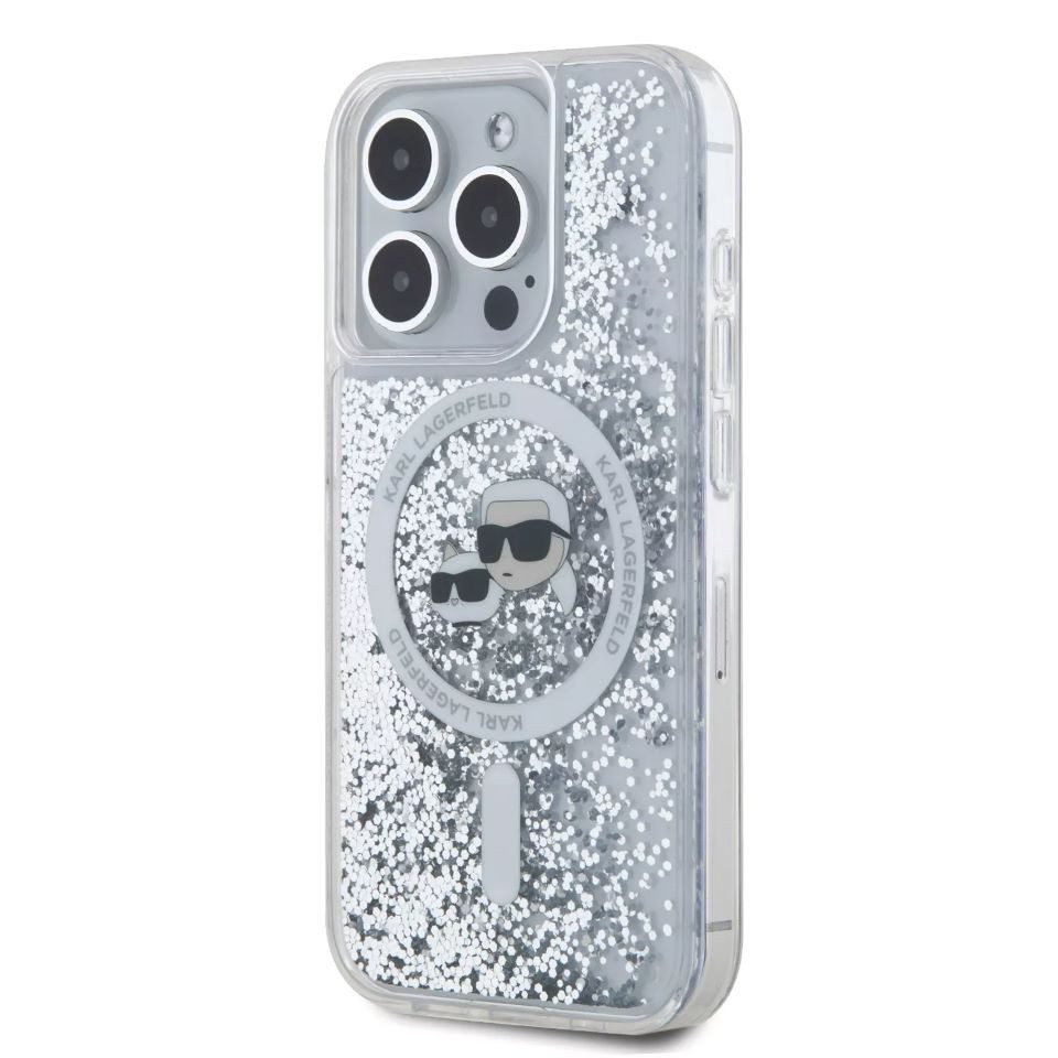 KARL LAGERFELD Handyhülle iPhone 15 Pro Max Glitter silber MagSafe Logo 6,7 Zoll, Kantenschutz