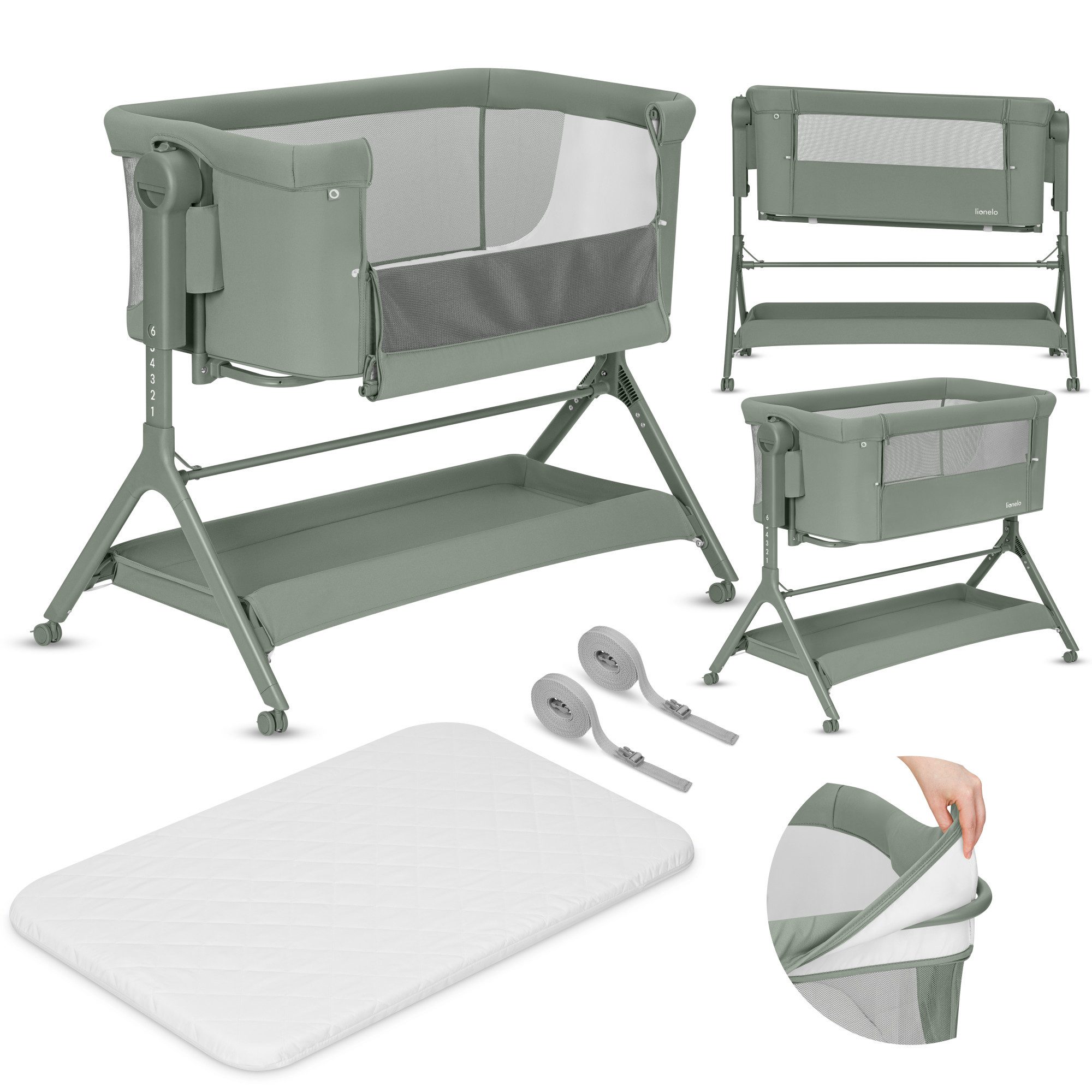 lionelo Reisebett LEONIE PLUS (Set, Set) SUPER Babytragetasche, Wiege, freistehendes Babybett